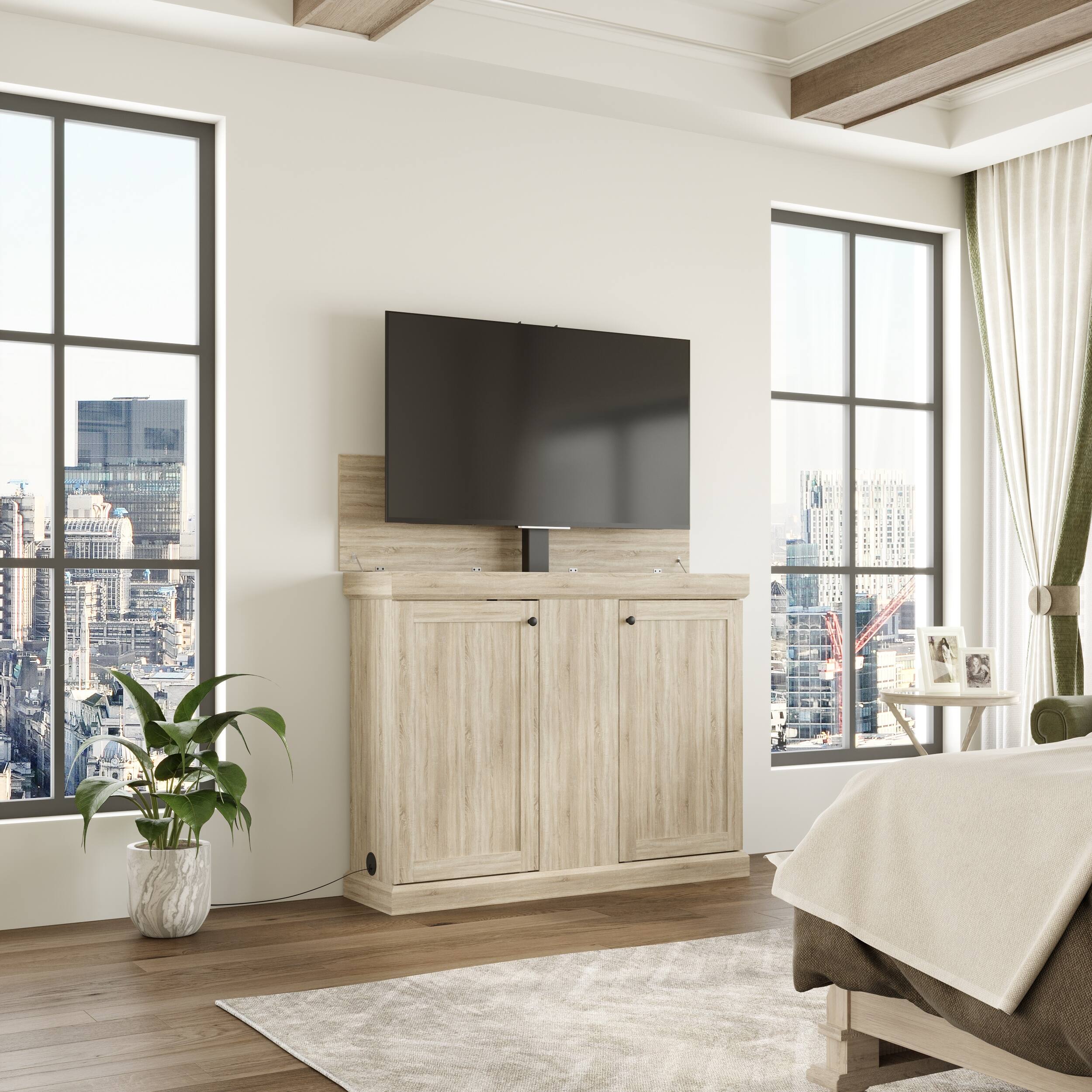 Alt View 2. Famapy - Smart Lift TV Cabinet for Up to 50 Inch TV, Remote Control Media Console with Hidden Storage Entertainment Center - Wooden.