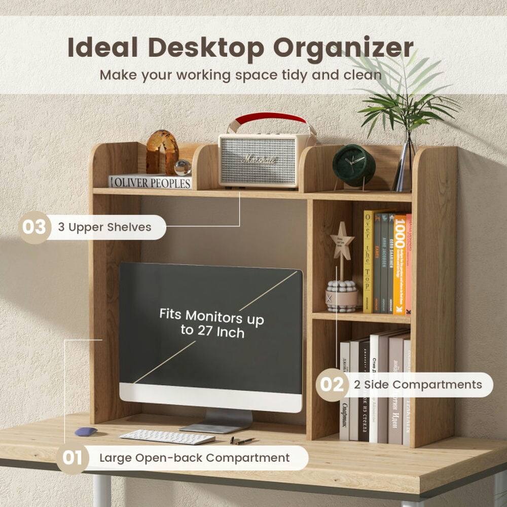 Ideal Desktop Organizer  
Make your working space tidy and clean  

03 3 Upper Shelves  
Fits Monitors up to 27 Inch  

02 2 Side Compartments  

01 Large Open-back Compartment