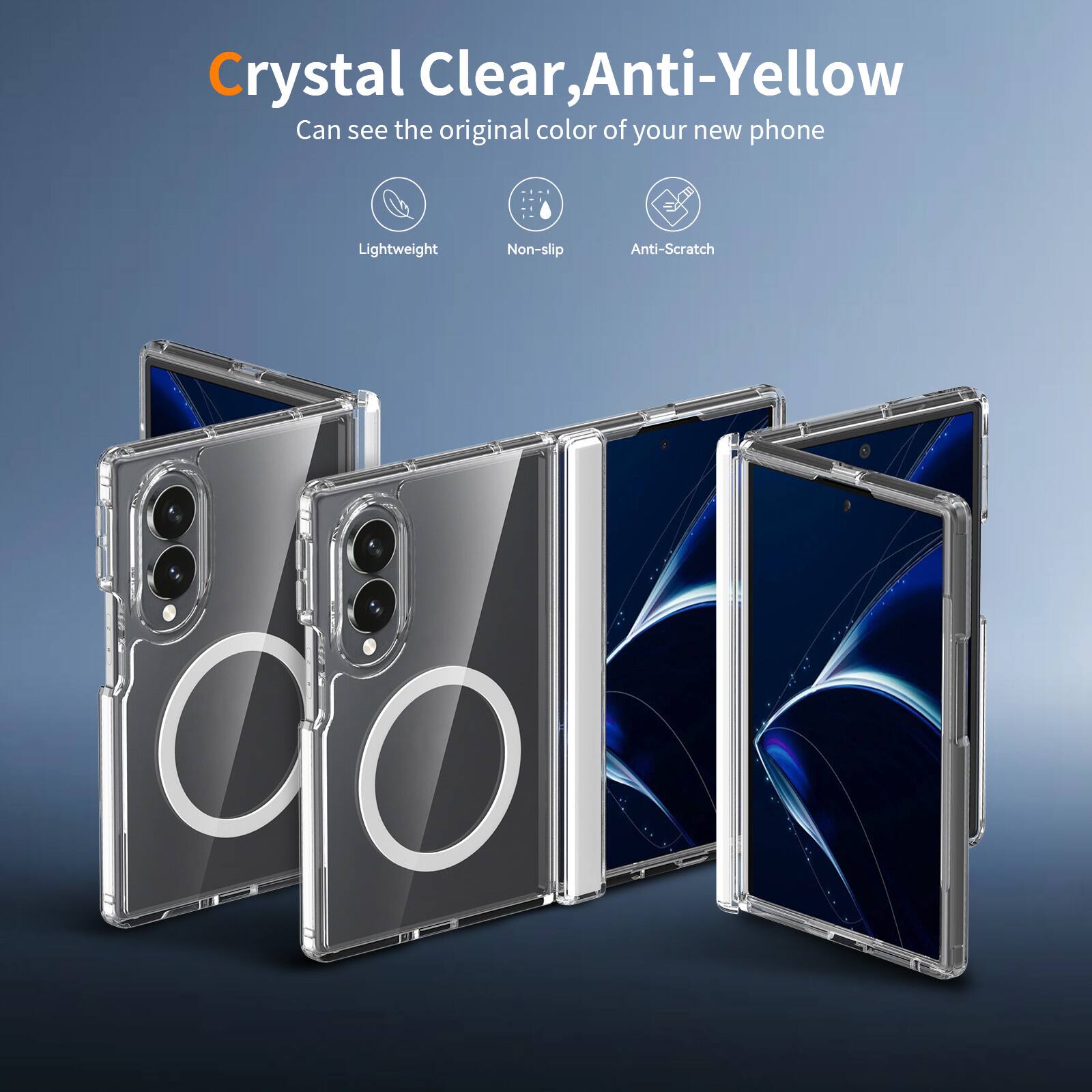 Crystal Clear, Anti-Yellow  
Can see the original color of your new phone  
Lightweight  
Non-slip  
Anti-Scratch