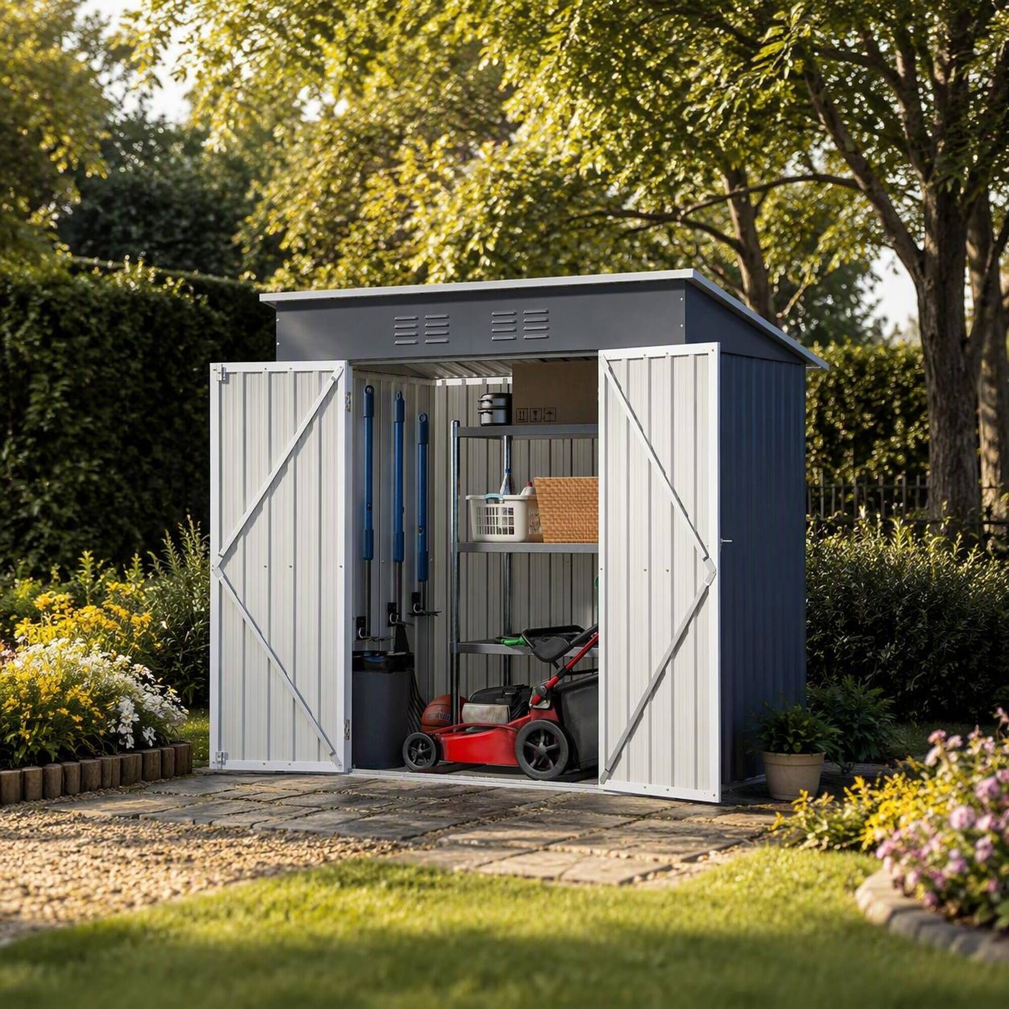 Angle. RYHNUYNE - 6x4 ft Steel Shed Lockable Door Tall Entry Weatherproof Garden Cabinet Pet House - Gray.