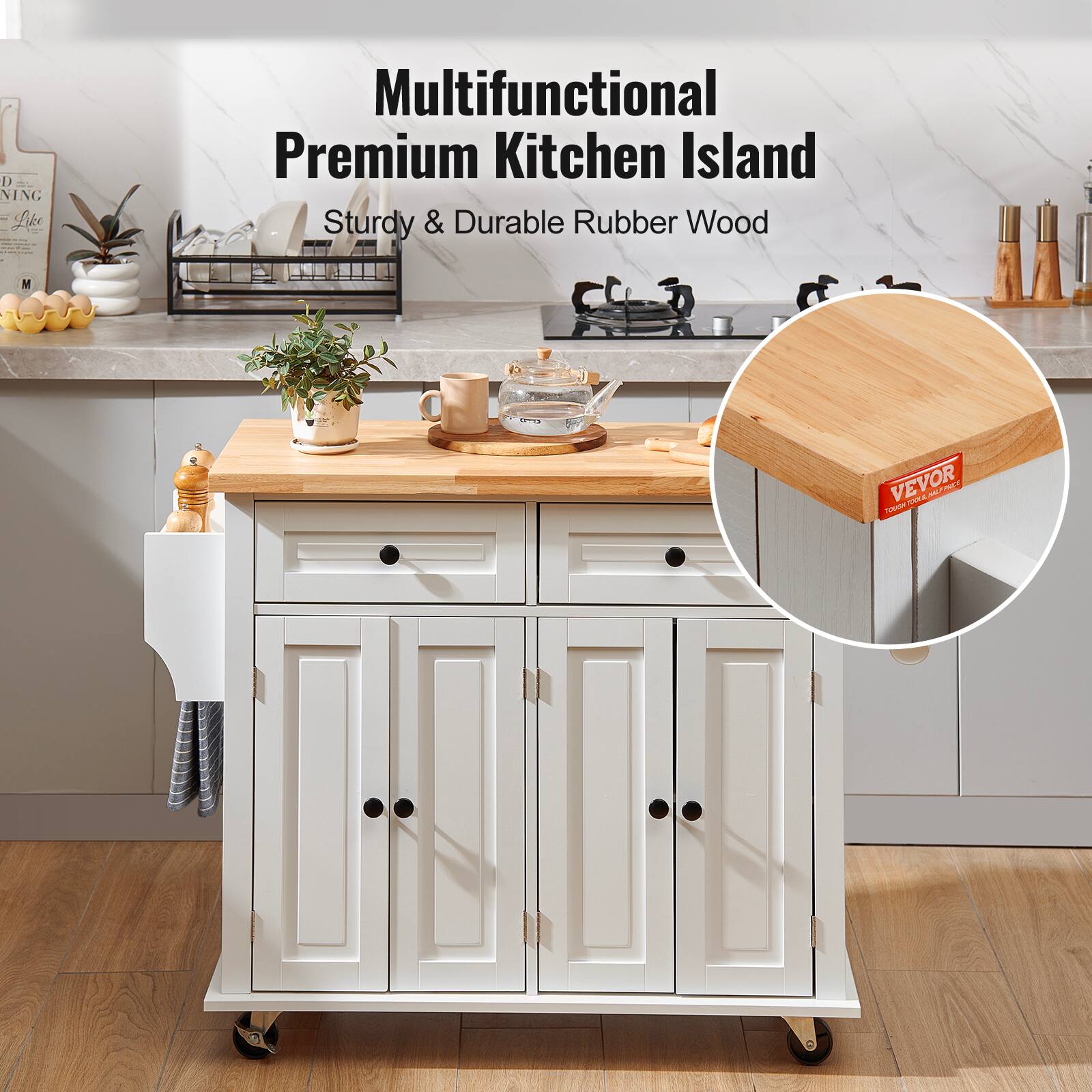 Multifunctional Premium Kitchen Island, Sturdy & Durable Rubber Wood, VEVOR