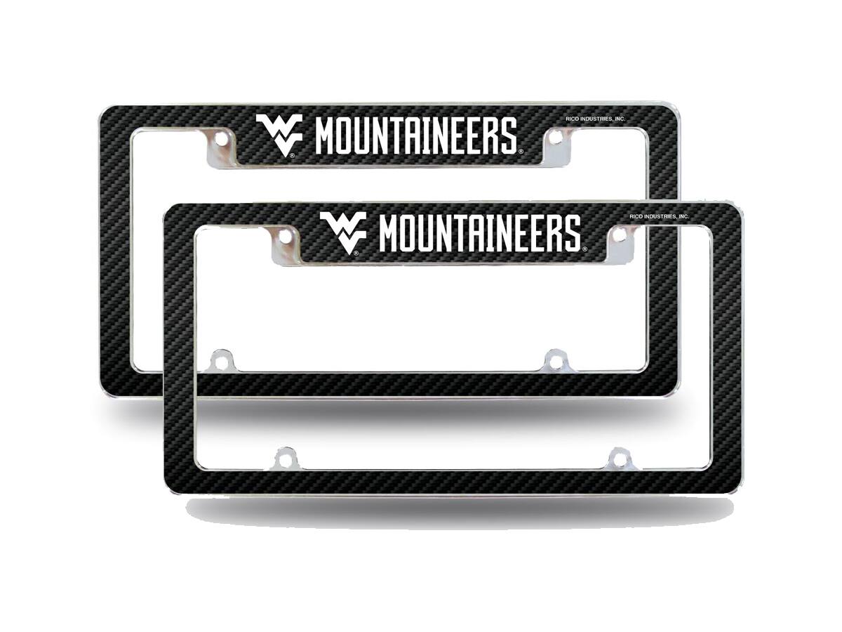 West Virginia Mountaineers (Set of 2) Chrome Metal License Plate Frames with Carbon Fiber Design