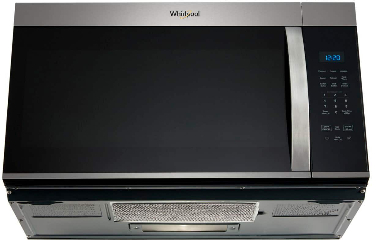 Whirlpool oven with a timer set for 12:20. The oven is designed for cooking various dishes, such as popcorn, potatoes, vegetables, bacon, and reheating. It also has a "keep warm" feature, as well as options for soften, butter, and defrost. The oven has a digital display with buttons for setting the cook time, power, and canceling the timer. The oven also has a 30-second mute function.