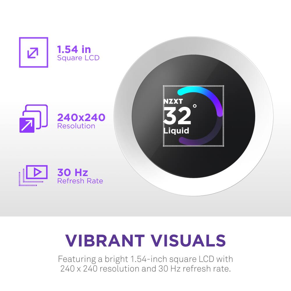 The text on the image is grouped and corrected as follows:

1.54 in Square LCD 240x240 Resolution NZXT 32 Liquid 30 Hz Refresh Rate VIBRANT VISUALS Featuring a bright 1.54-inch square LCD with 240 X 240 resolution and 30 Hz refresh rate.