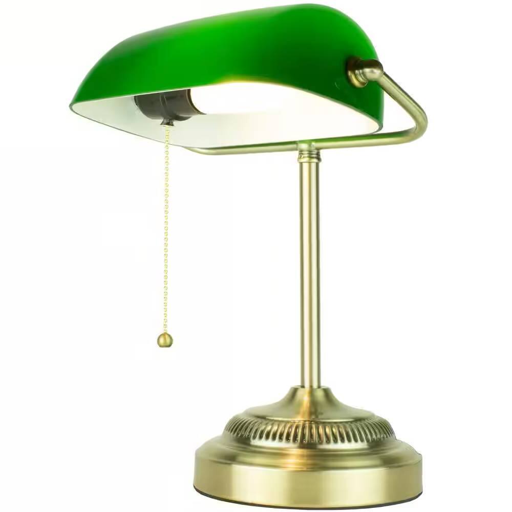Front. Hivvago - Classic Brass Bankers Lamp Desk Light Table Lamp with Green Glass Shade - Green, Brass.