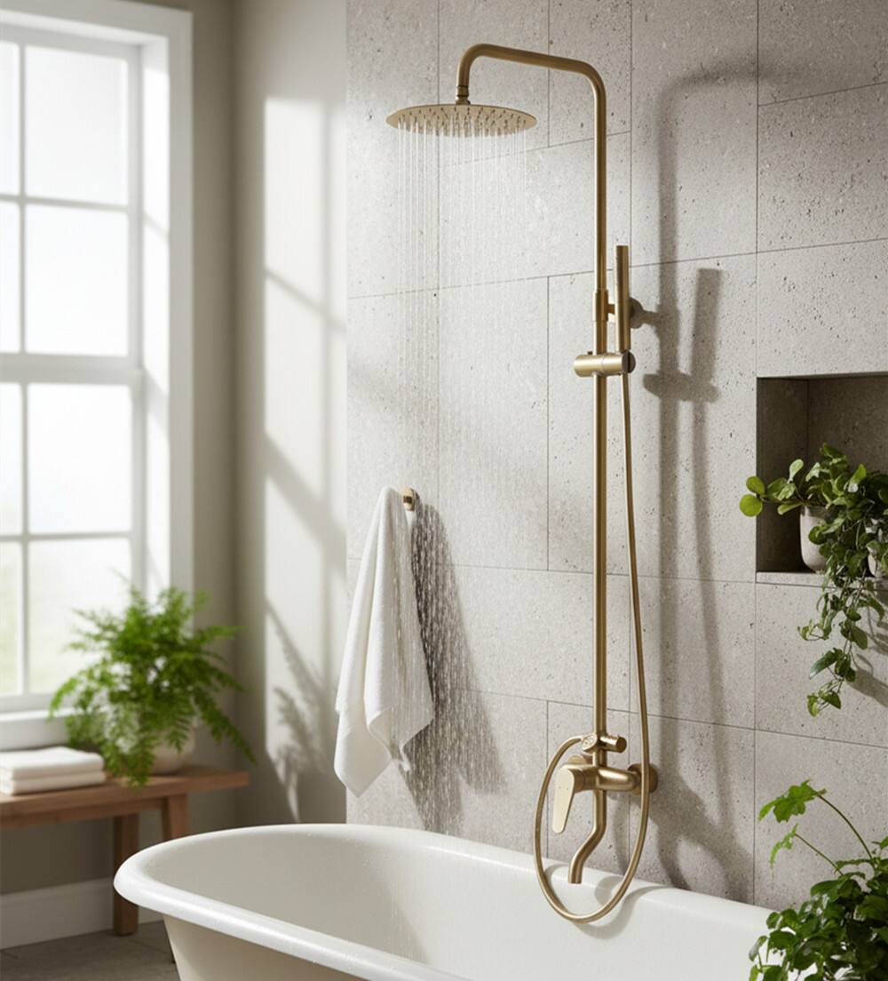 Back. Dazzed Corner - Wall Mount 3-Function Outdoor Shower Fixture with Thermometer and Brass Valve - Brushed Gold.