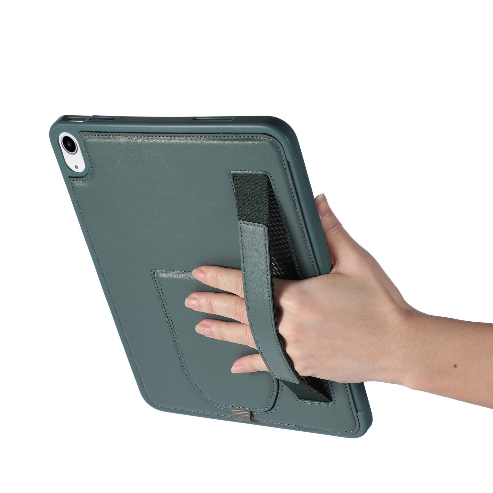 Back. Dteck - Shockproof Case for Apple iPad (A16) 11" 2025 with Hand Strap and Foldable Kickstand, PU Leather TPU Protective Cover - Darkgreen.