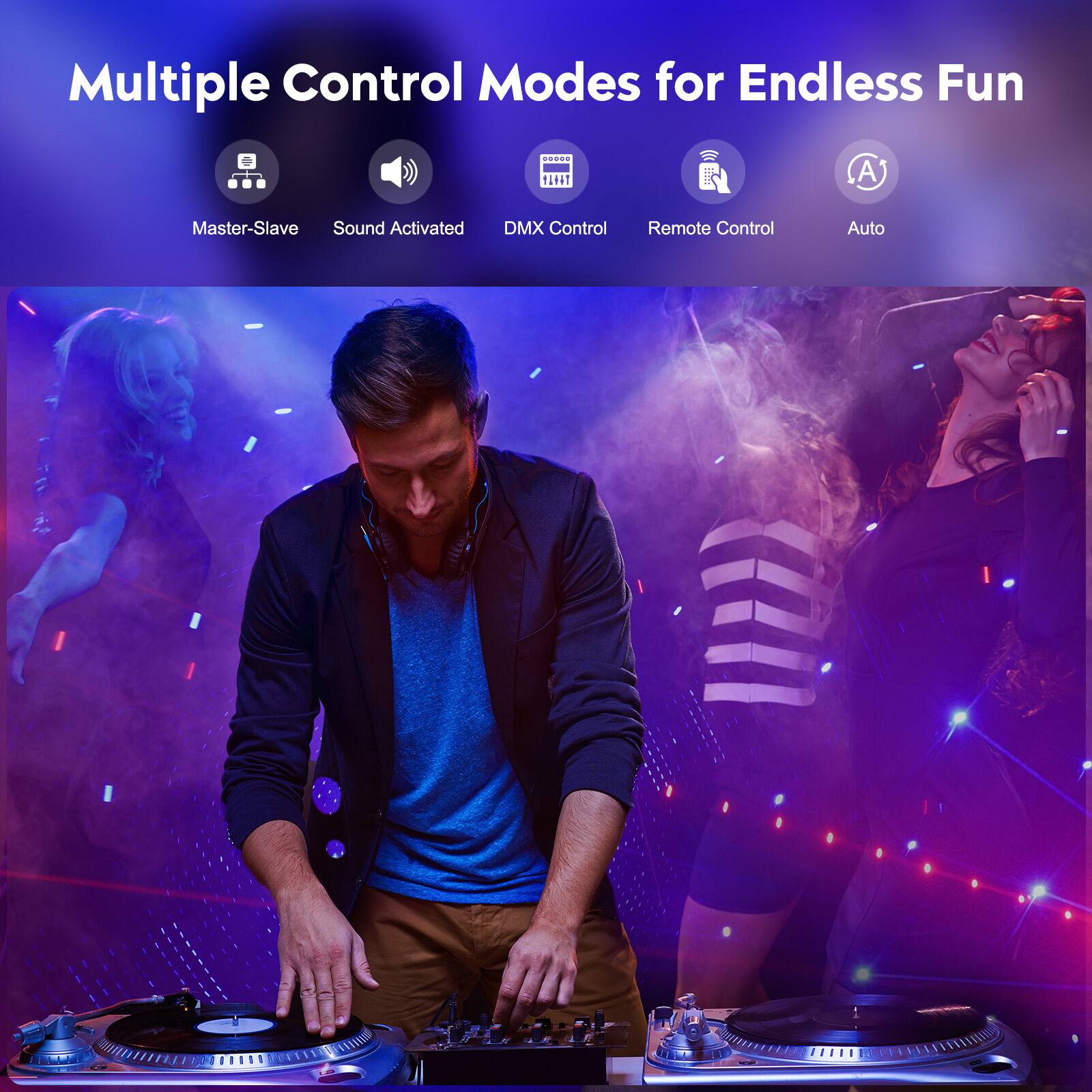 Multiple Control Modes for Endless Fun

- Master-Slave
- Sound Activated
- DMX Control
- Remote Control
- Auto
