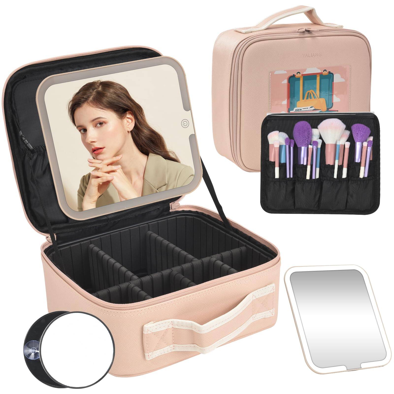 Front. VEGA AUTOMOTIVE - Travel Makeup Bag With Led Mirror Case 3 Color Setting Organizer Adjustable Dividers Portable Make Up Box B - Pink-UP.