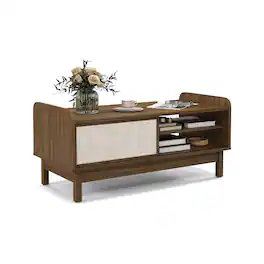 Ecooso - Mid-Century TV Stand with Storage, Sliding Woven Door and Adjustable Shelf - Walnut