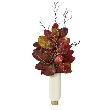 Front. BreeBe - 38" Autumn Magnolia w/ Berries Plant in Planter - Green.