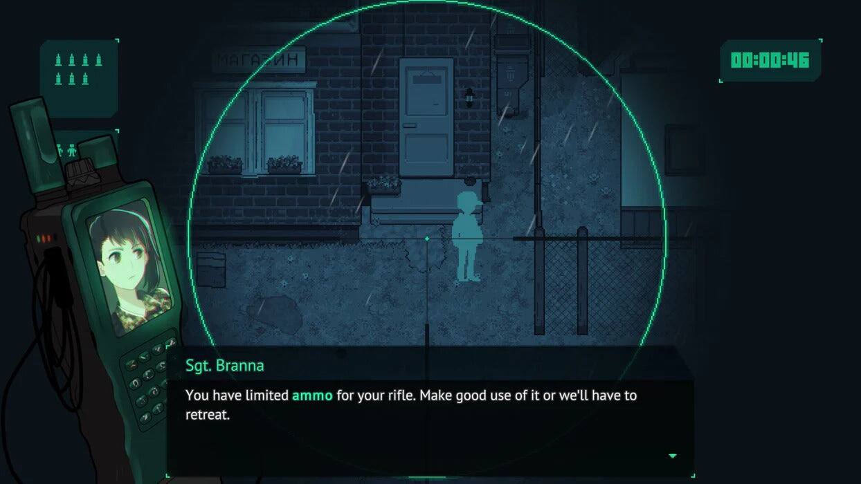 00:00:46 Sgt. Branna  
You have limited ammo for your rifle. Make good use of it or we'll have to retreat.