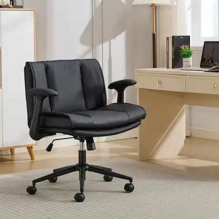 Front. Akoasm - Leather Cross Legged Office Chair Ergonomic Desk Chair with Flip-Up Armrests, Wheels for Home Office, Vanity-Black - Black.