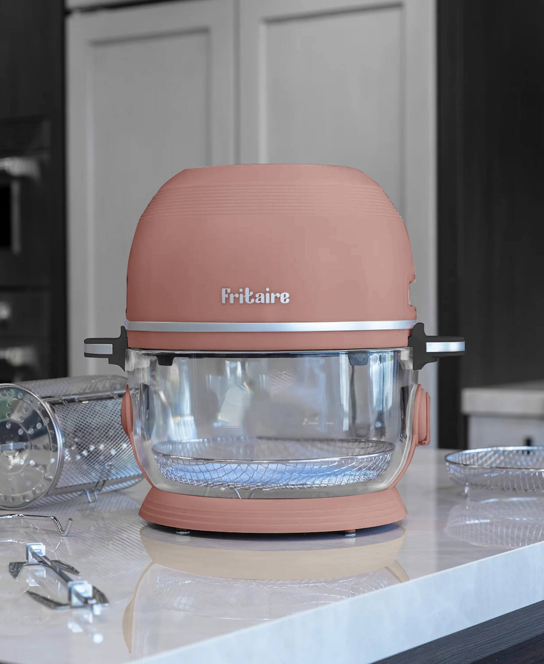 Angle. Fritaire - Non-Toxic Air Fryer - Glass Air Fryer, 5qt, Teflon-Free, PFOA- Free, w/ Accessories - Rotisserie and Tumbling Basket - Mauve Rose.