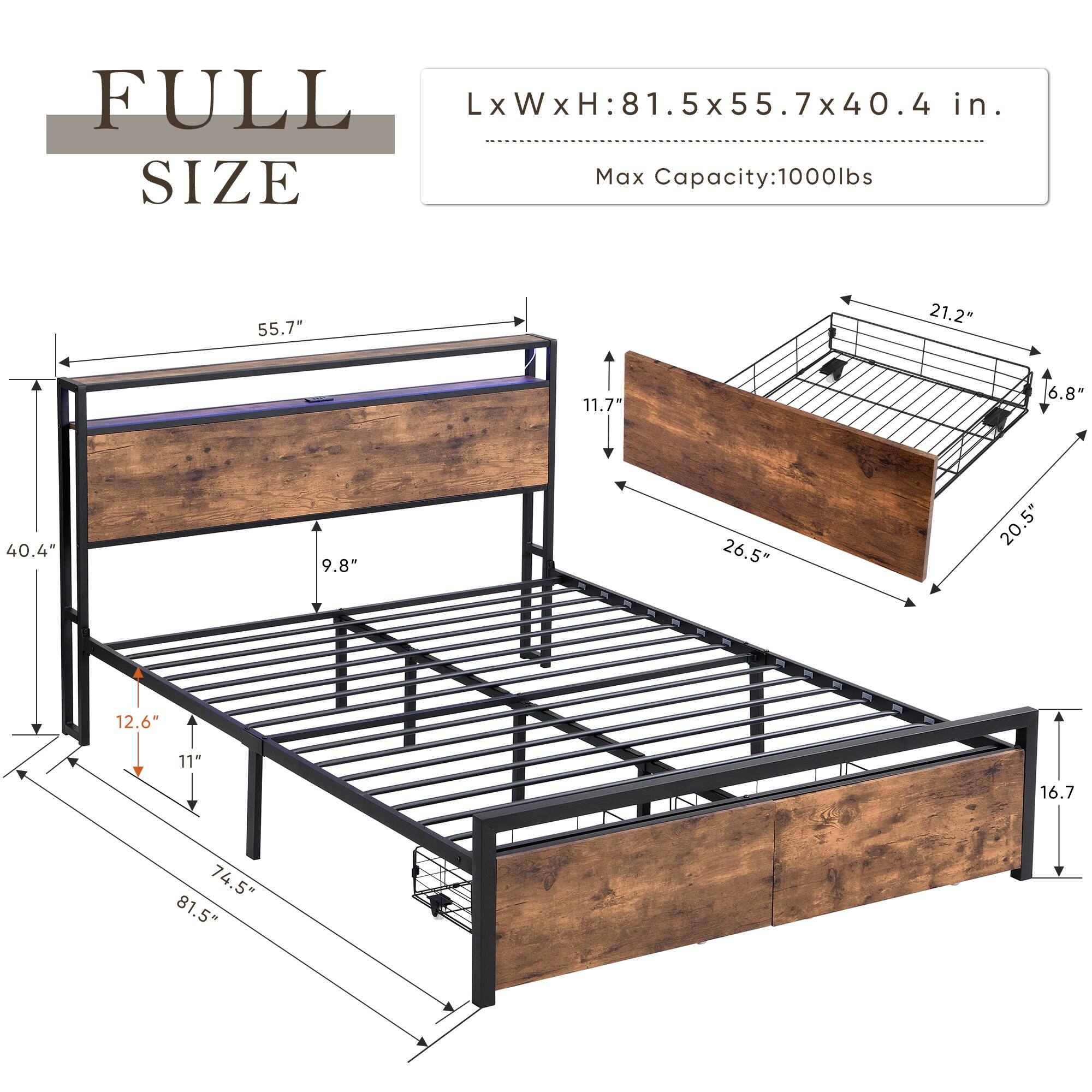 FULL SIZE

LxWxH: 81.5 x 55.7 x 40.4 in.

Max Capacity: 1000 lbs

- 55.7"
- 40.4"
- 9.8"
- 12.6"
- 11"
- 74.5"
- 81.5"
- 21.2"
- 6.8"
- 26.5"
- 20.5"
- 16.7"