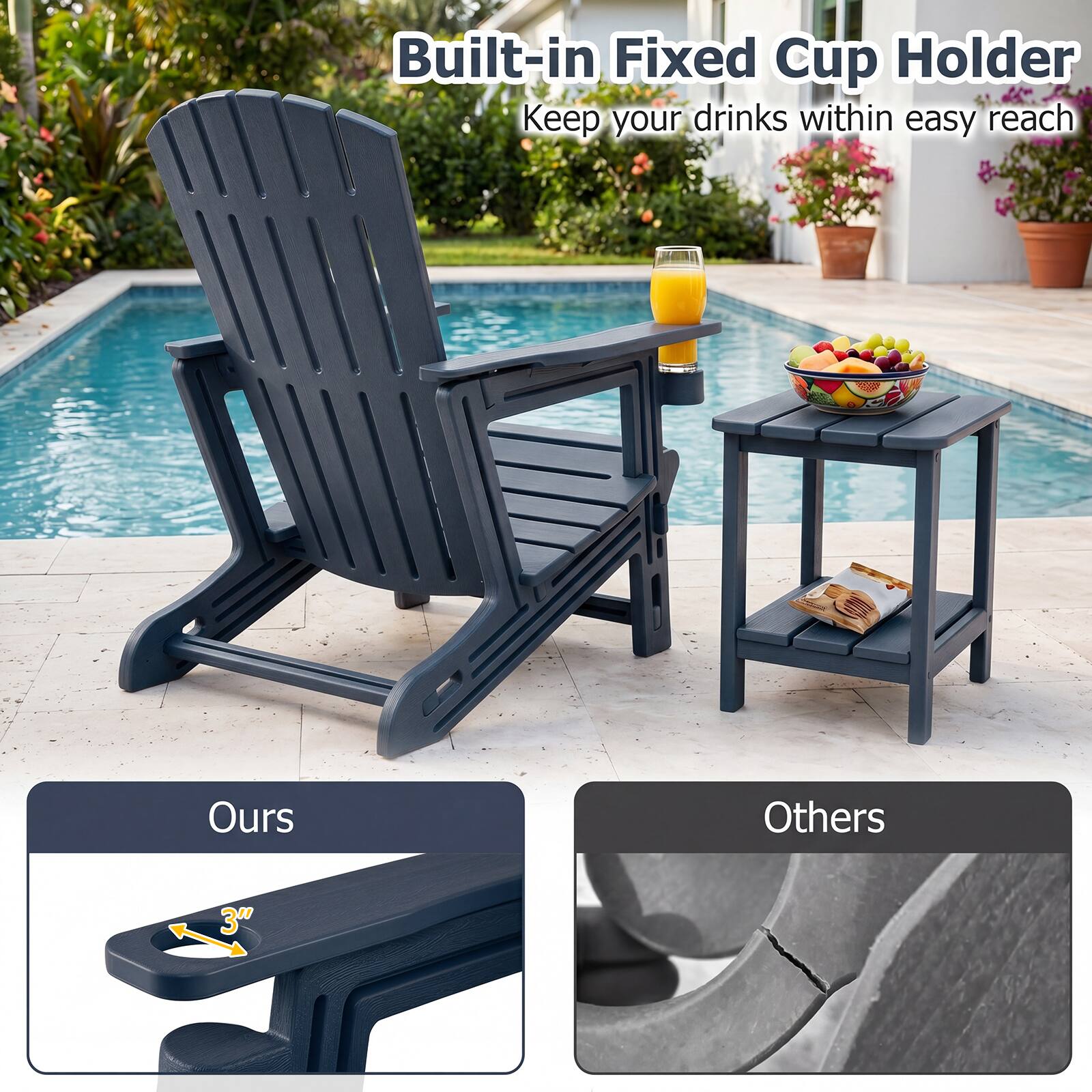 Built-in Fixed Cup Holder  
Keep your drinks within easy reach  

Ours  
3"  

Others