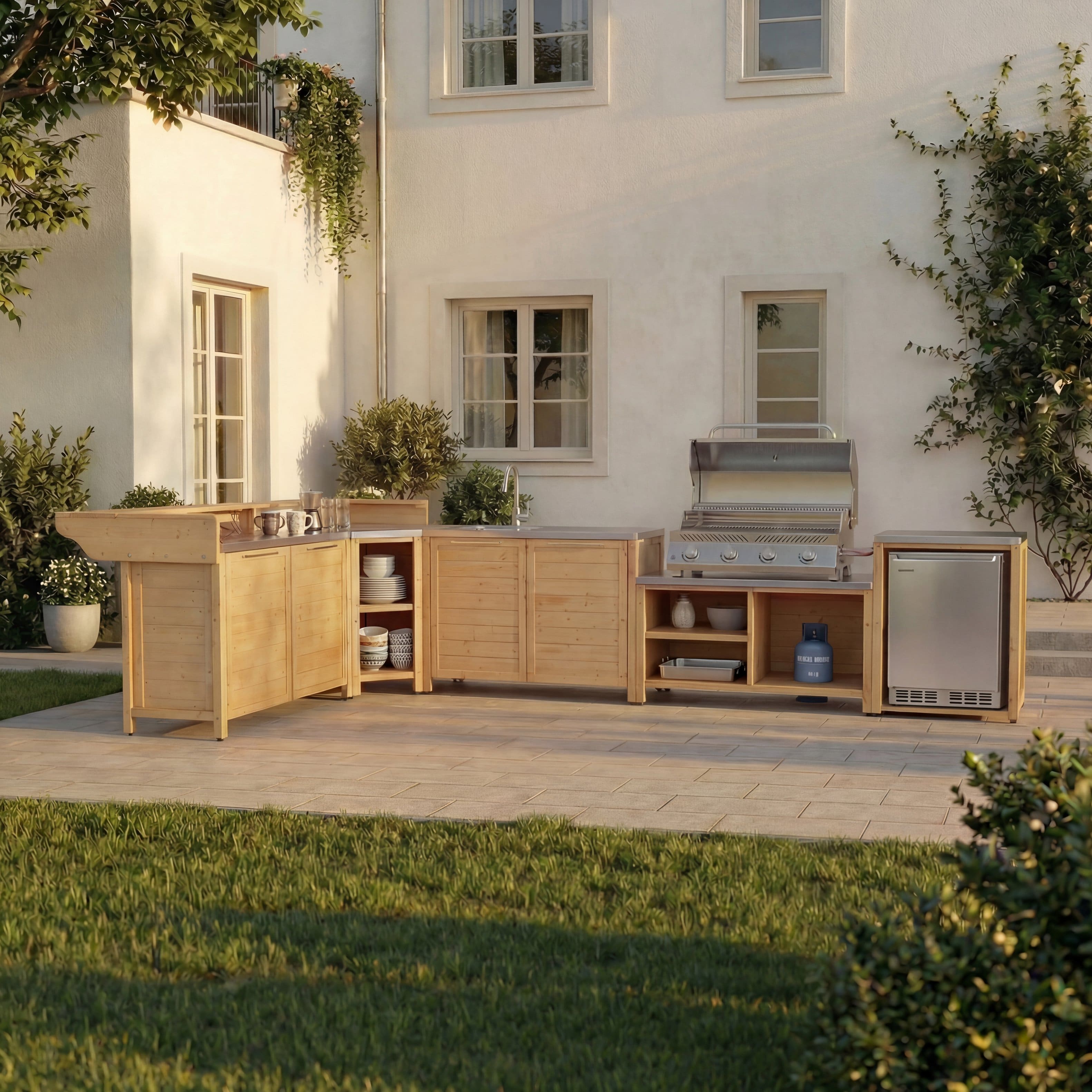 Famapy - Modular Solid Cedar Outdoor Kitchen Cabinets - All-Weather Storage with Stainless Steel Top for Patio, Grill Station - Wooden price history on PriceWatchPro