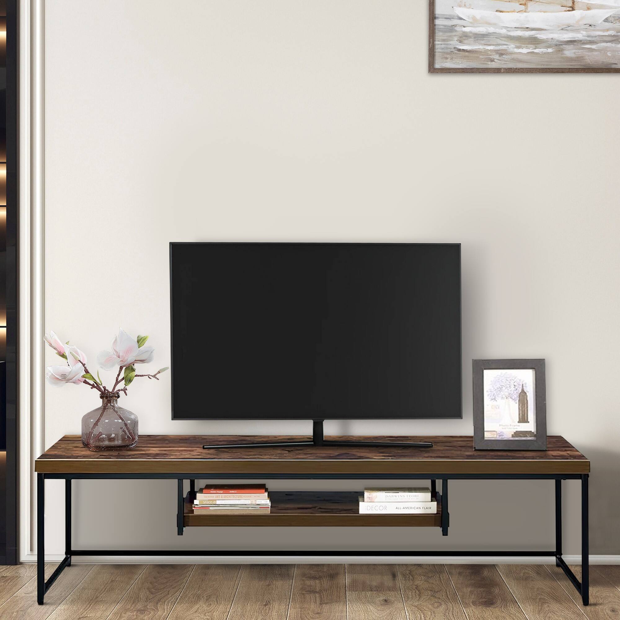 Alt View 5. Manhattan Lane - Rectangular Wood And Metal TV Stand With One Shelf, Brown And Black - Brown, Black.
