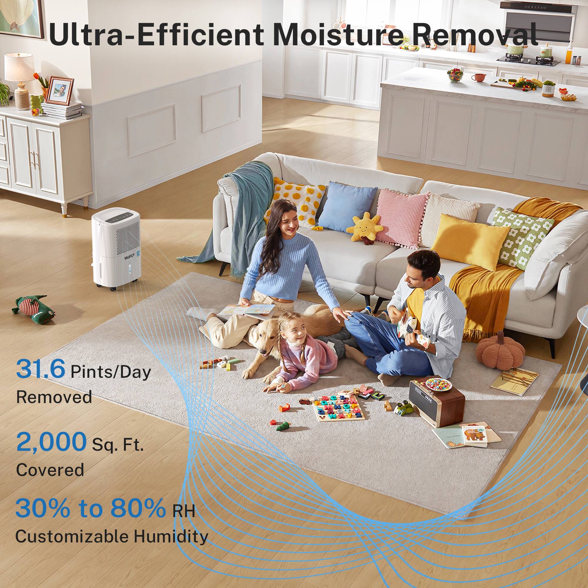 Ultra-Efficient Moisture Removal

31.6 Pints/Day Removed  
2,000 Sq. Ft. Covered  
30% to 80% RH  
Customizable Humidity