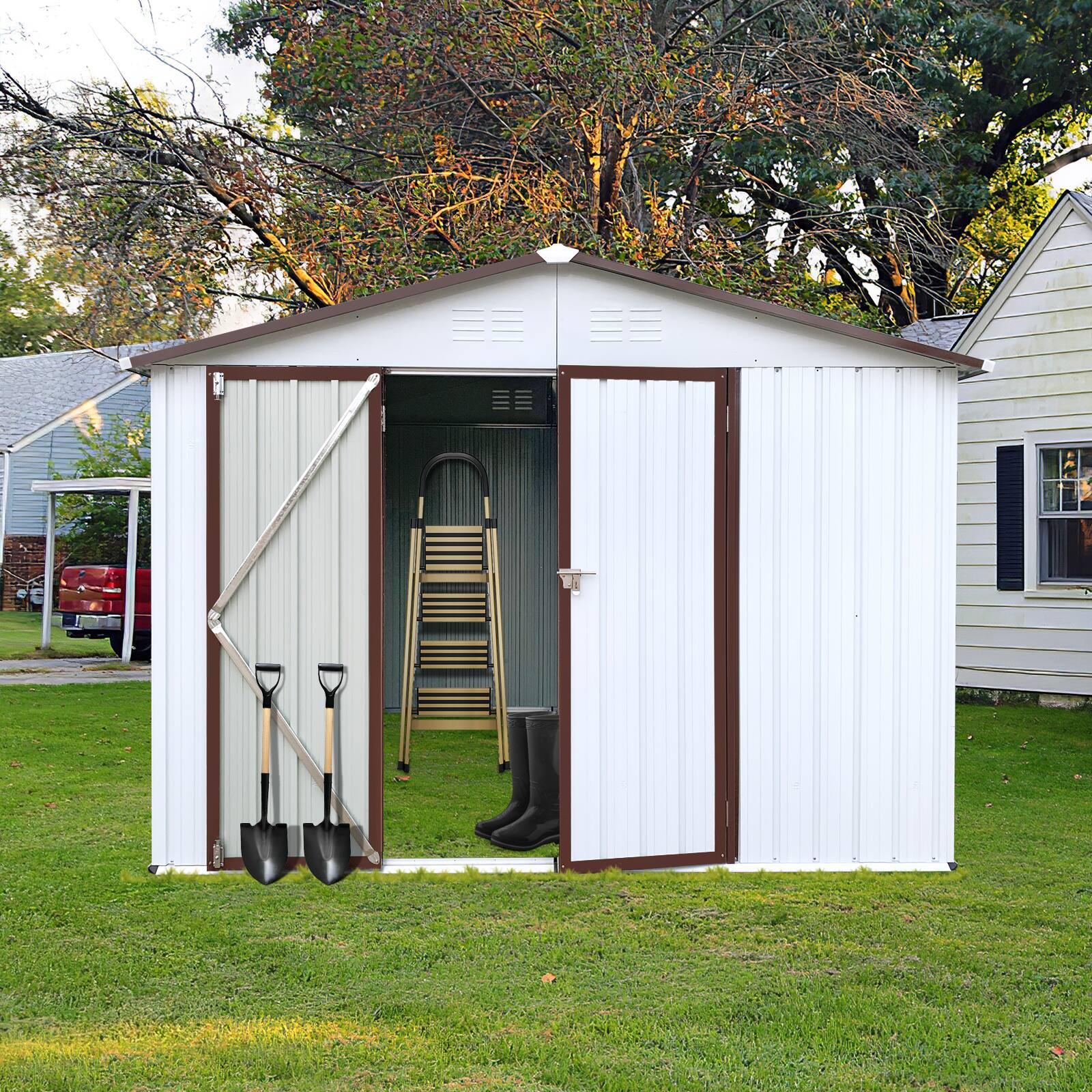 Angle. Mondawe - 8ftx6ft Outdoor Storage Sheds with Lockable Door - White.