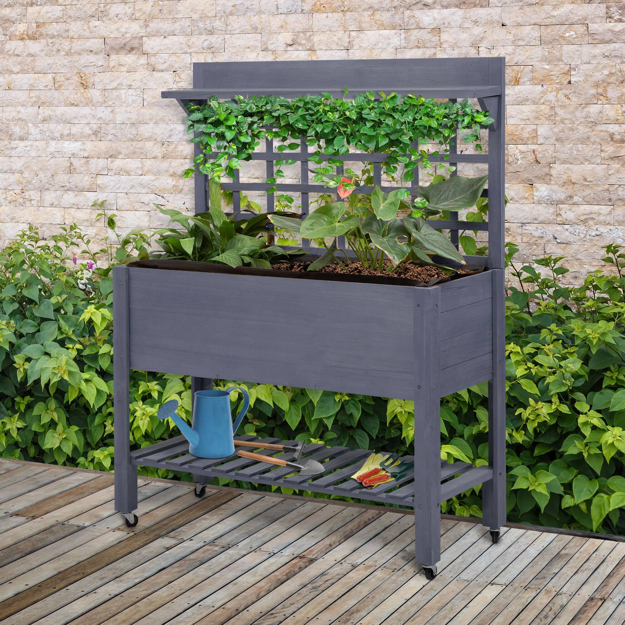 Alt View 1. Outsunny - Raised Garden Bed Mobile Elevated Wooden Planter Box Stand with Wheels - Gray.