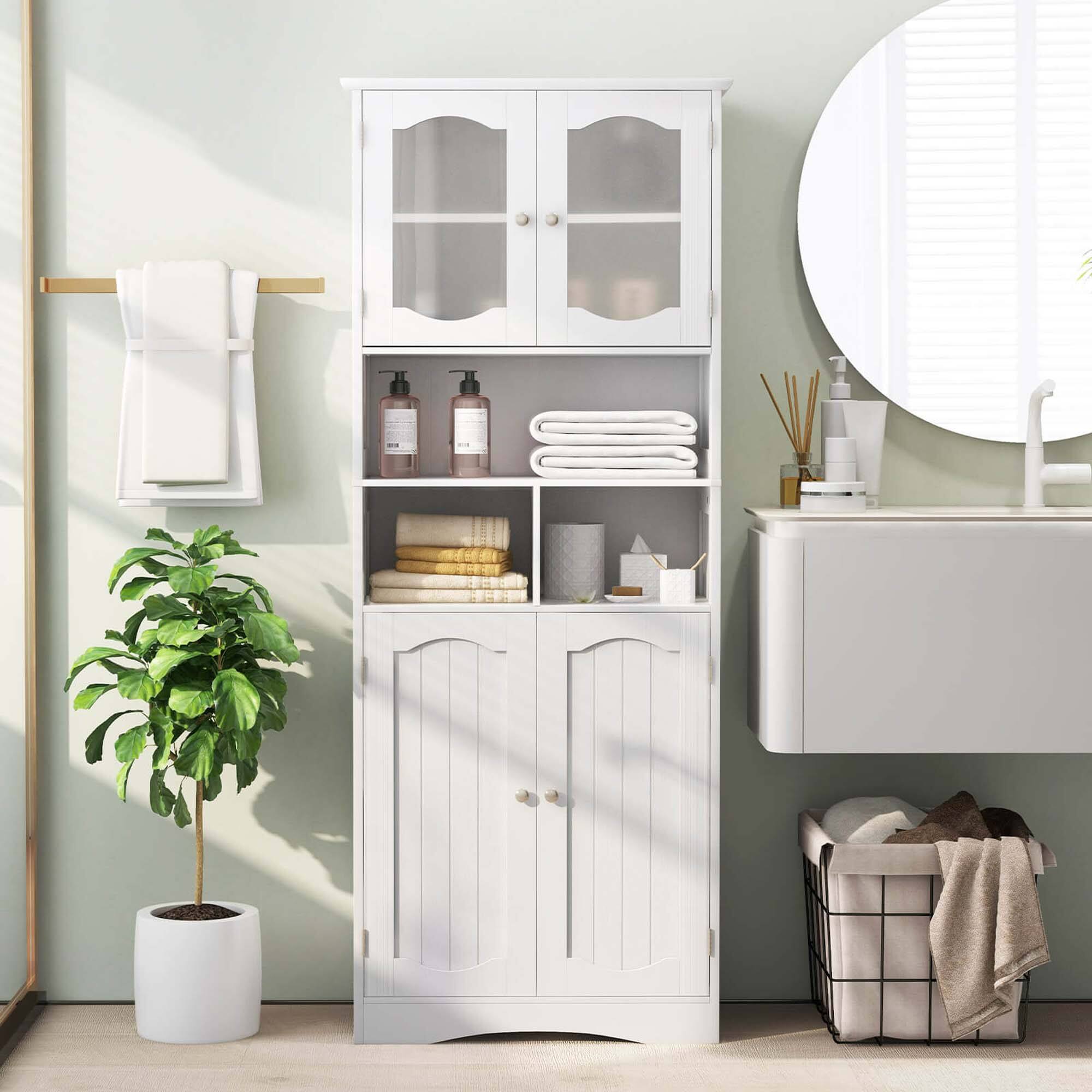 Alt View 1. Costway - Costway 58.5" Tall Bathroom Storage Cabinet Freestanding Linen Cabinet with Shelves White - White.