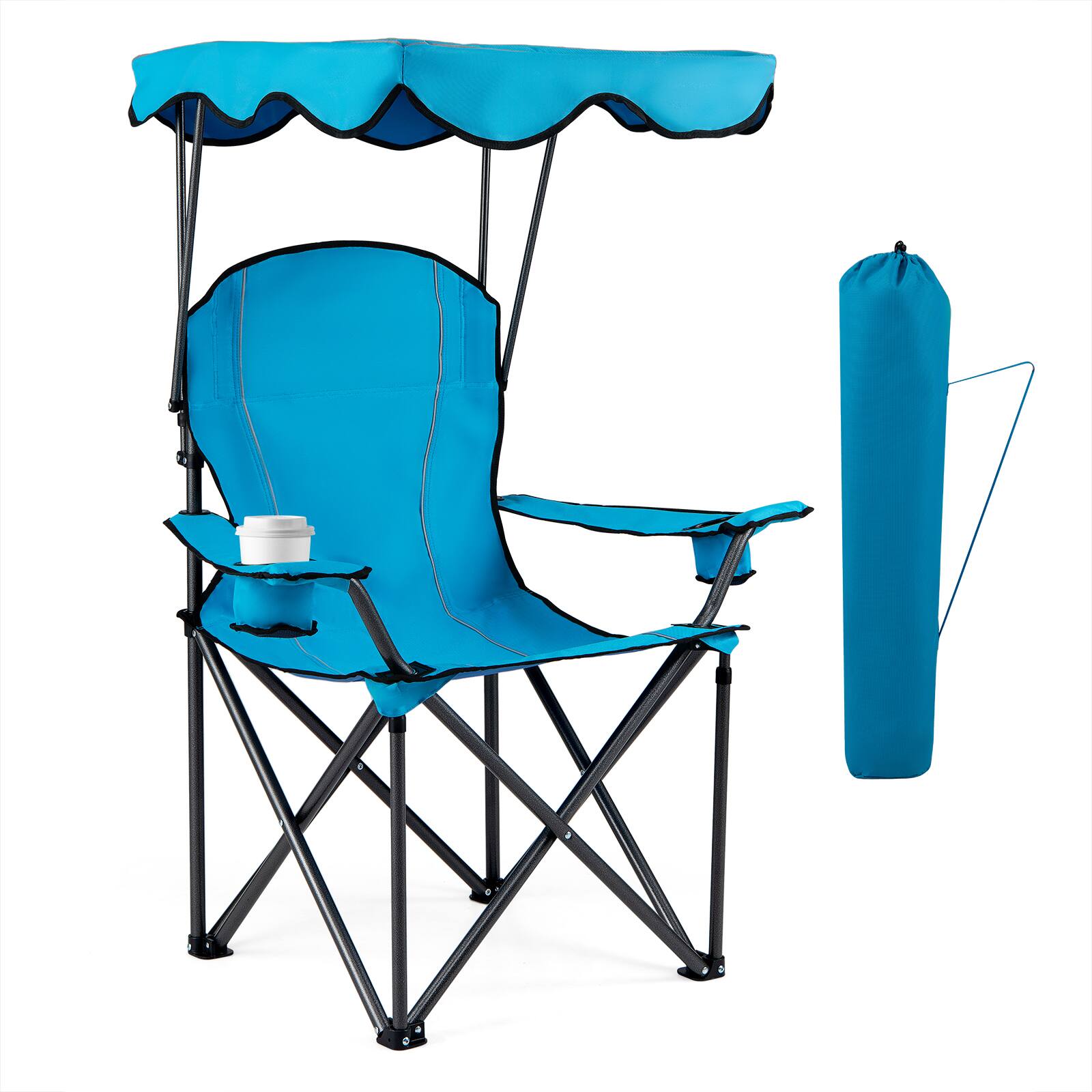 Front. Costway - Costway Folding Camping Chair with Canopy, Cup Holder, Ergonomic Armrest, Solid Steel Frame - Navy.
