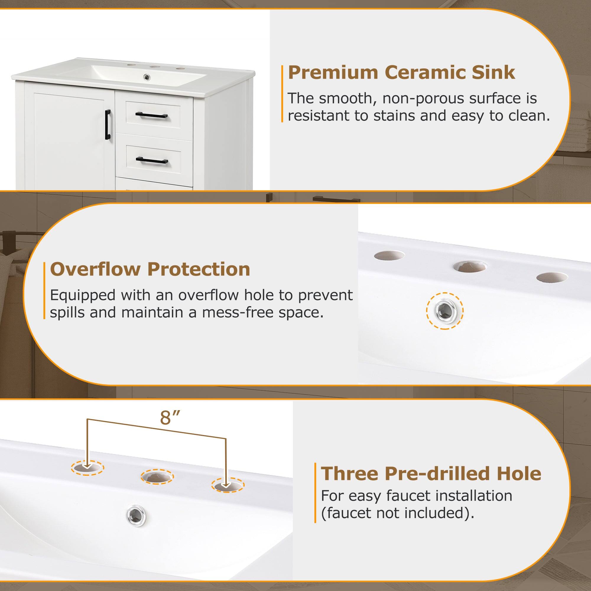 Premium Ceramic Sink  
The smooth, non-porous surface is resistant to stains and easy to clean.

Overflow Protection  
Equipped with an overflow hole to prevent spills and maintain a mess-free space.

Three Pre-drilled Hole  
For easy faucet installation (faucet not included).