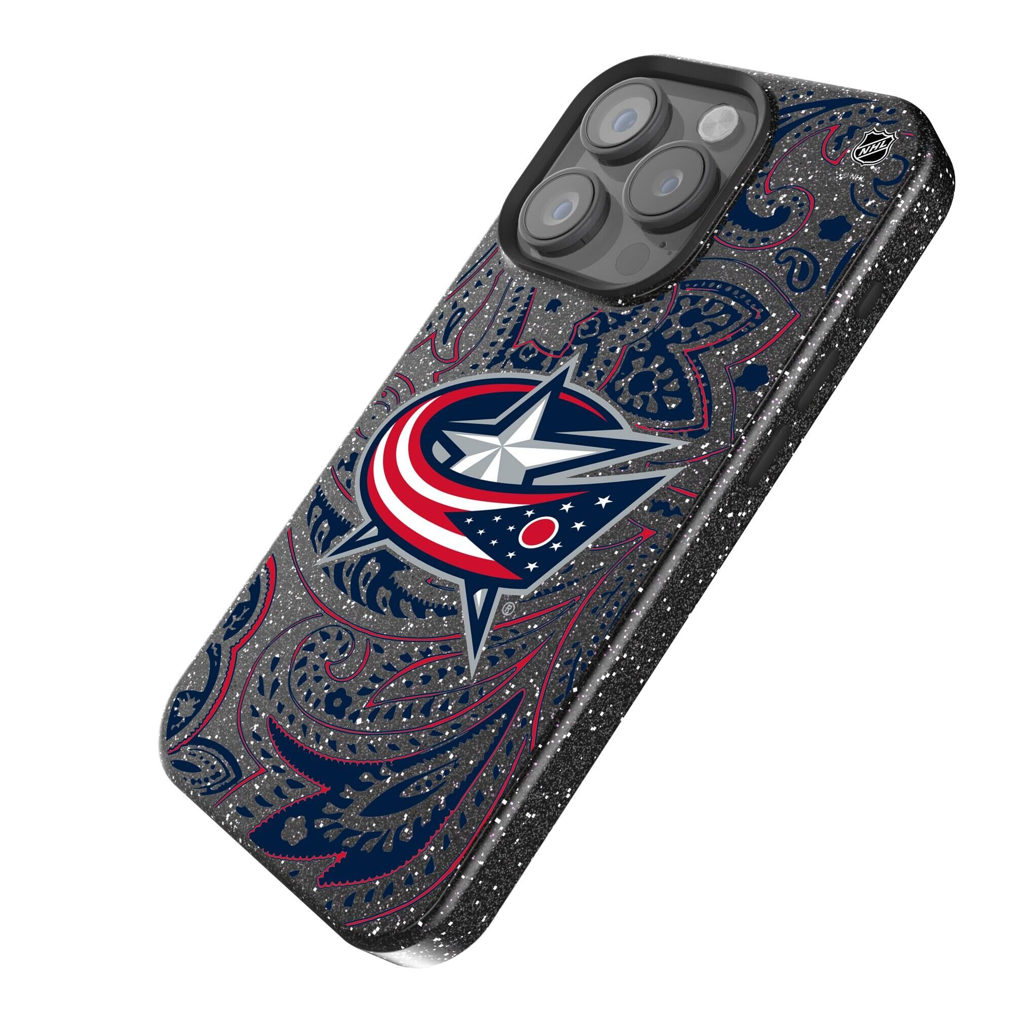 Alt View 1. Keyscaper - Black Columbus Blue Jackets Paisley Bling iPhone Case - 15 - Black.