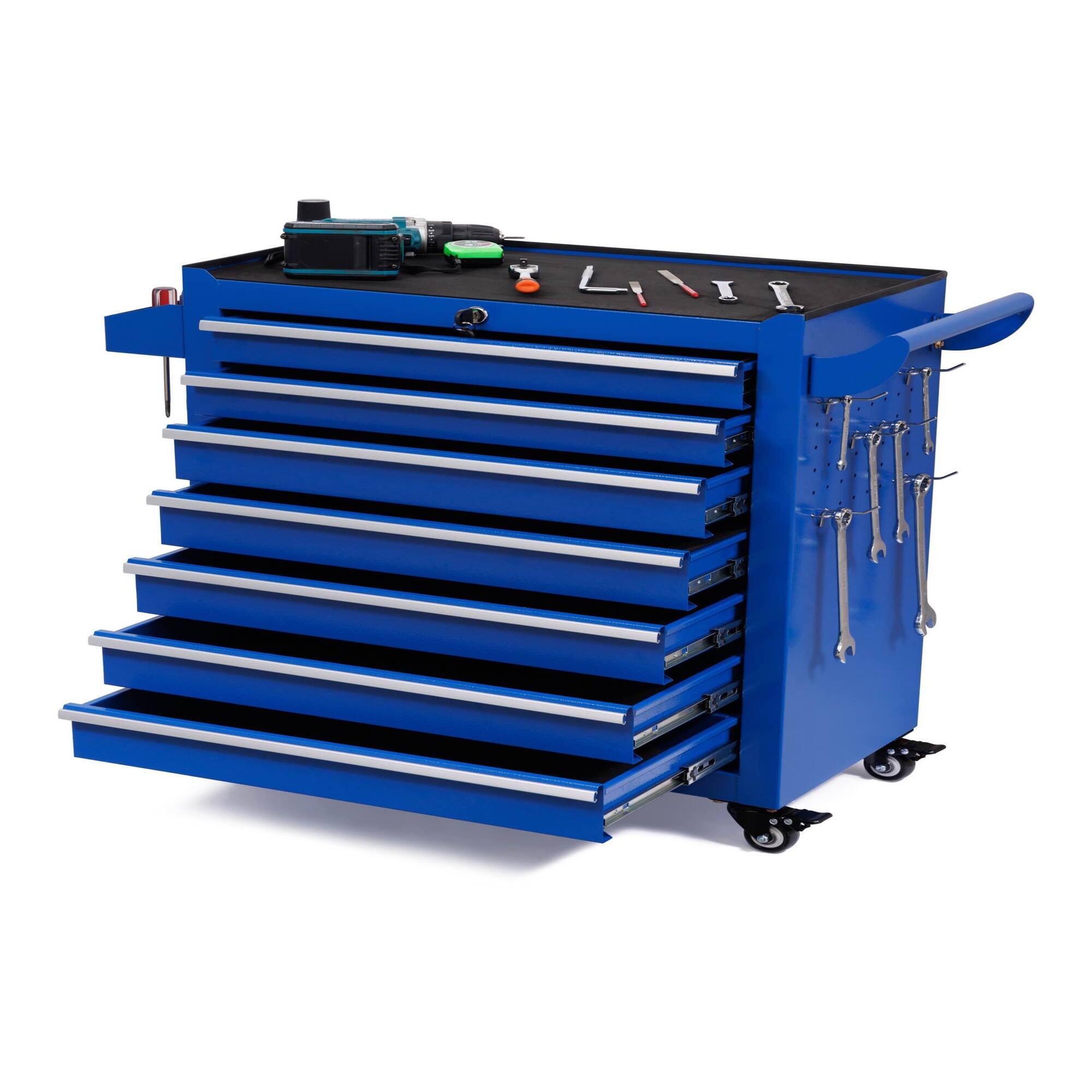 Angle. Boyel Living - 7-Drawer Folding Tool Storage Cabinet with Removable Pegboard - Blue.