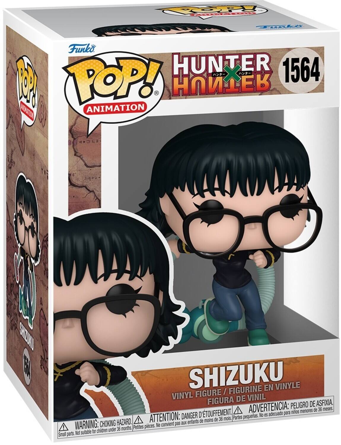 Sure, here is the corrected and grouped text from the image:

---

**Funko POP! Animation**

**HUNTER X HUNTER**

**1564**

**SHIZUKU**

**VINYL FIGURE / FIGURINE EN VINYLE / FIGURA DE VINIL**

**WARNING: CHOKING HAZARD. Small parts. Not suitable for children under 36 months.**

**ATTENTION: DANGER D'ÉTOUFFEMENT. Petites pièces. Ne convient pas aux enfants de moins de 36 mois.**

**ADVERTENCIA: PEORIGRO DE ASFIXIA. Partes pequeñas. No es adecuado para niños menores de 36 meses.**

---

This text includes the brand, series, character name, and safety warnings in multiple languages.