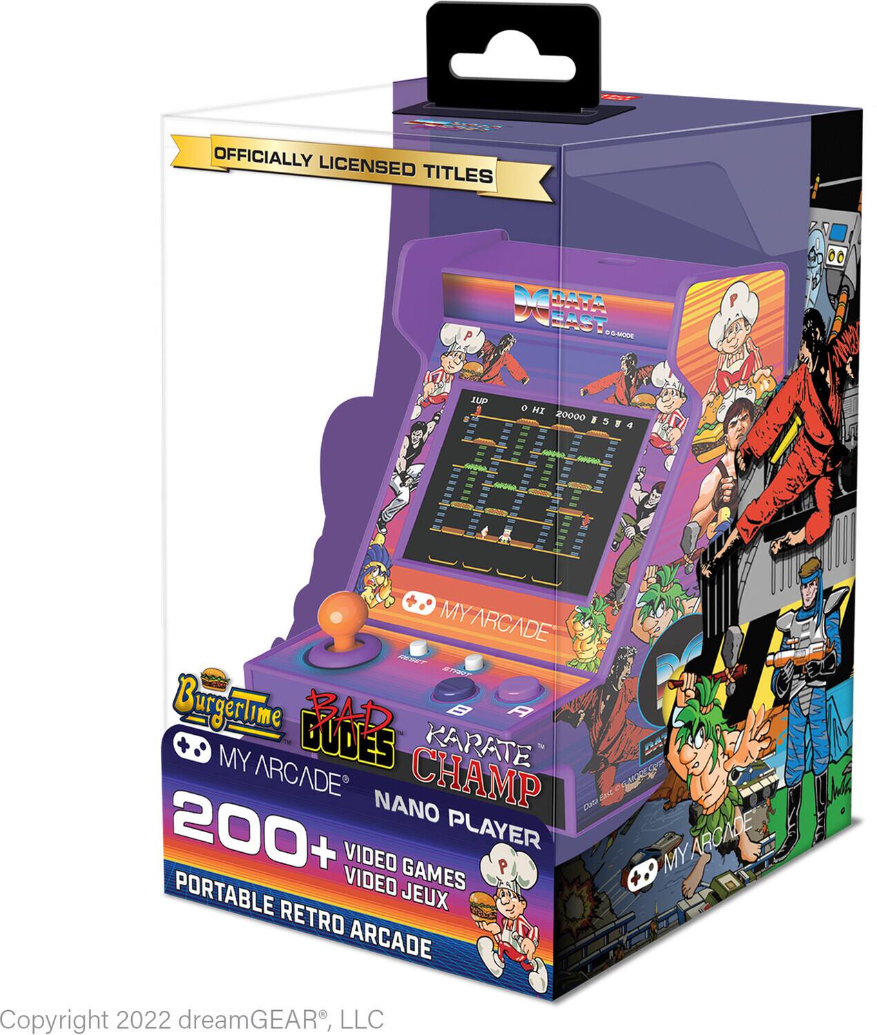 OFFICIALLY LICENSED TITLES  
DCBAEA DO DATA EAST - MODE P g S LUP . 0 MI 20000 I 5  00 Wa - - - - - - MYARCADE MEr ETRT BurgerTime BUDES BAD KARATE B A MY ARCADE CHAMP dAse NANO Cuta 200+ PLAYER VIDEO GAMES 9 PORTABLE VIDEO JEUX RETRO ARCADE MY AROADE  
Copyright 2022 dreamGEAR, LLC