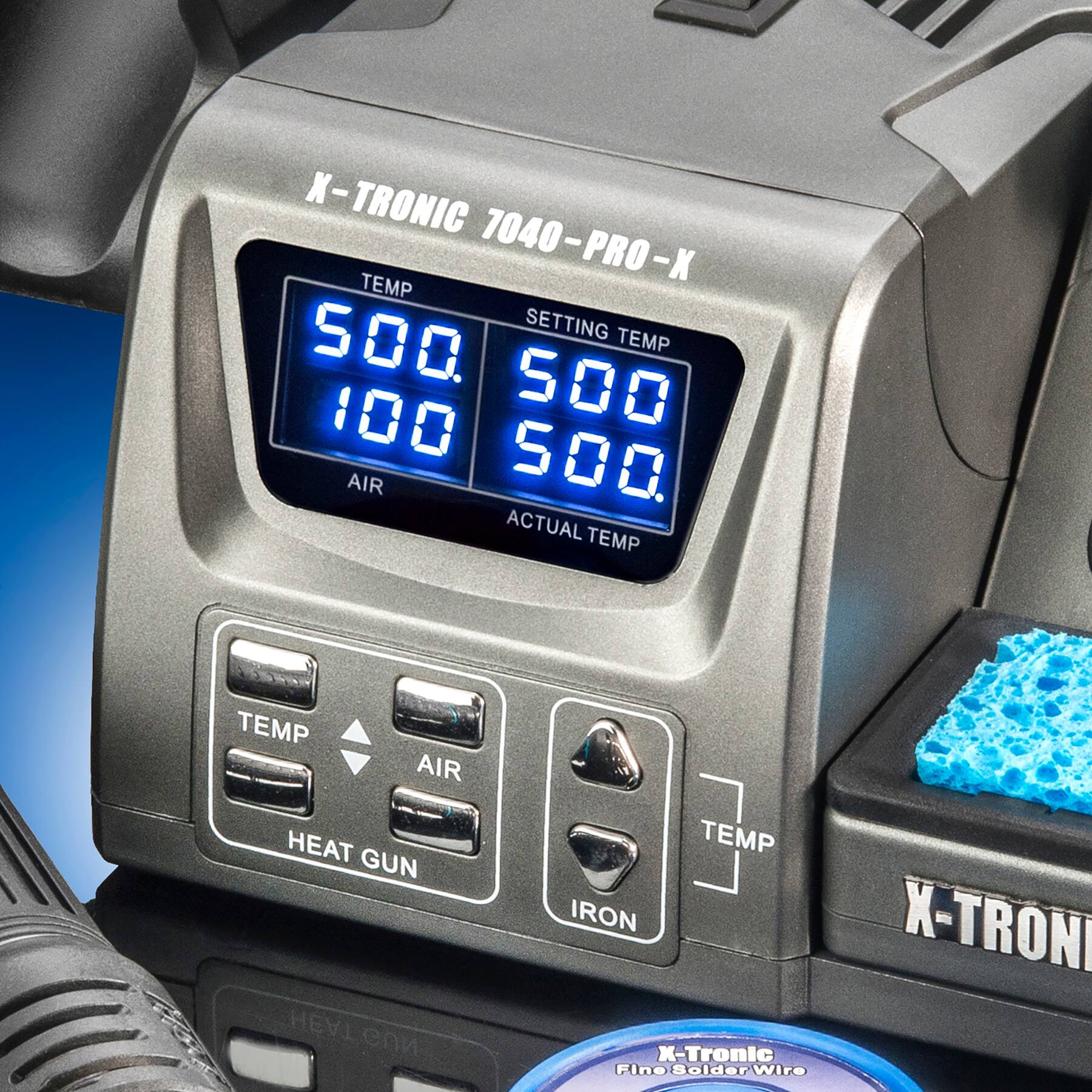 X-TRONIC 7040-PRO-X TEMP 500. SETTING TEMP 100 500 AIR 500. ACTUAL TEMP TEMP AIR HEAT GUN HEAT TEMP IRON X-TRONIC X-Tronic Fine Solder Wire