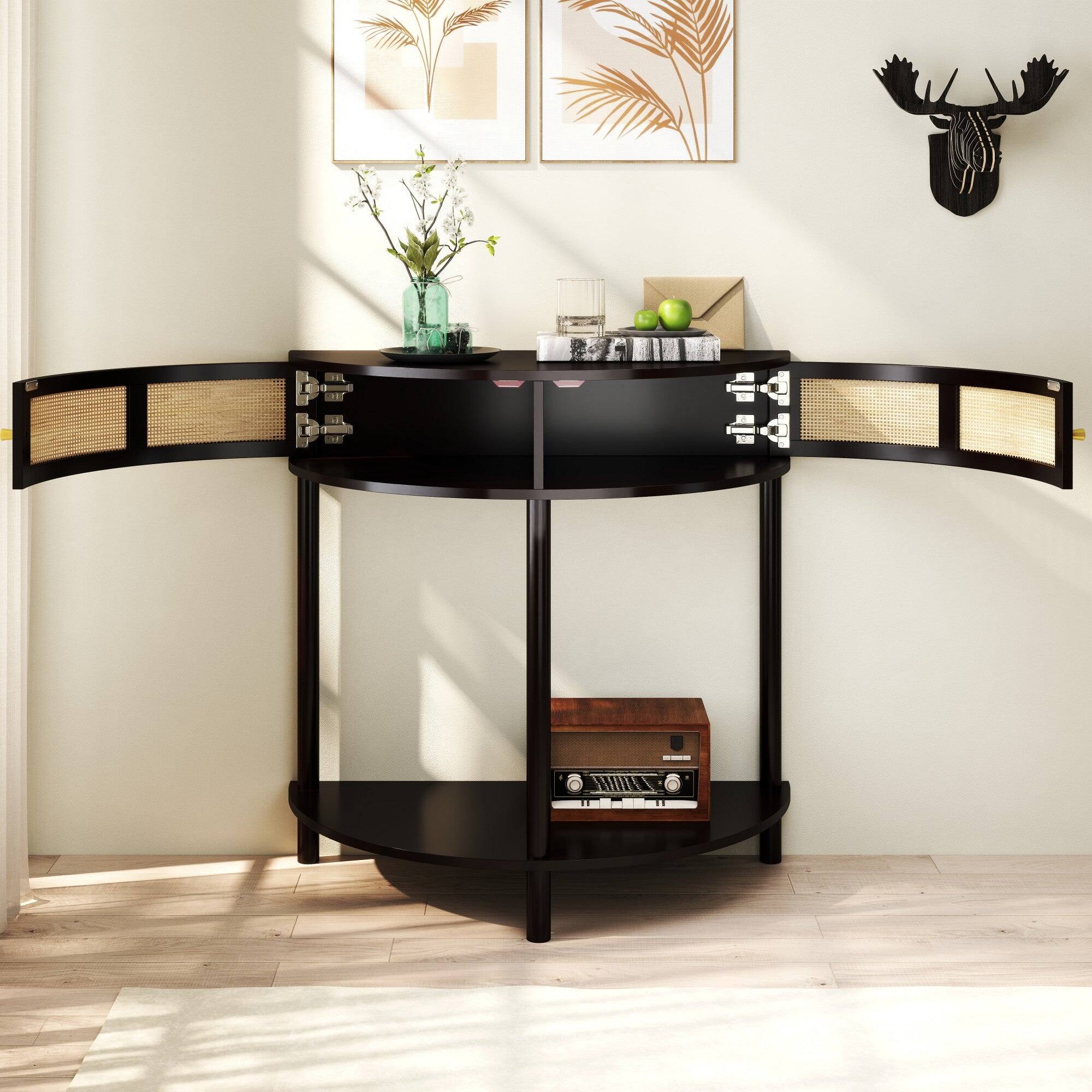 Angle. Boyel Living - 31.88 in Boho Half Moon Console Table with Sliding Rattan Doors and Bottom Shelf Black - Black.