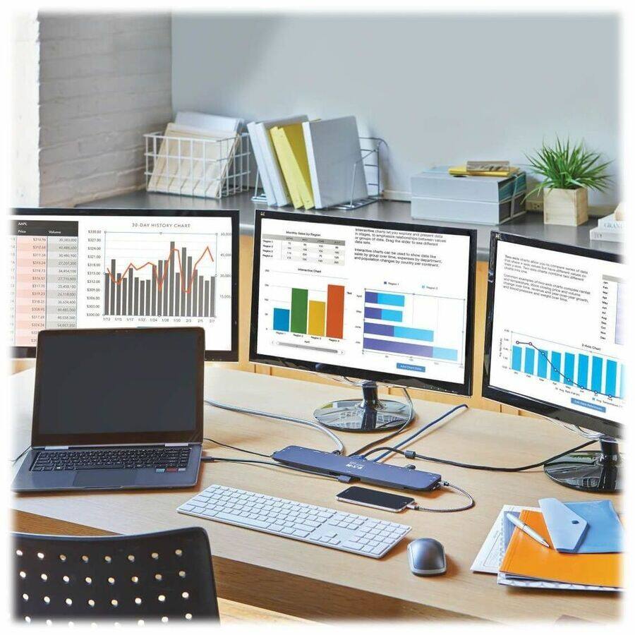 Sure, here is the corrected and grouped text from the image:

**Left Monitor:**
- 30-DAY HISTORY CHART
- [Data Table with columns: Date, Open, High, Low, Close, Volume]

**Center Monitor:**
- [Bar Chart with categories: 0-10, 10-20, 20-30, 30-40, 40-50, 50-60, 60-70, 70-80, 80-90, 90-100]
- [Bar Chart with categories: 0-10, 10-20, 20-30, 30-40, 40-50, 50-60, 60-70, 70-80, 80-90, 90-100]

**Right Monitor:**
- [Bar Chart with categories: 0-10, 10-20, 20-30, 30-40, 40-50, 50-