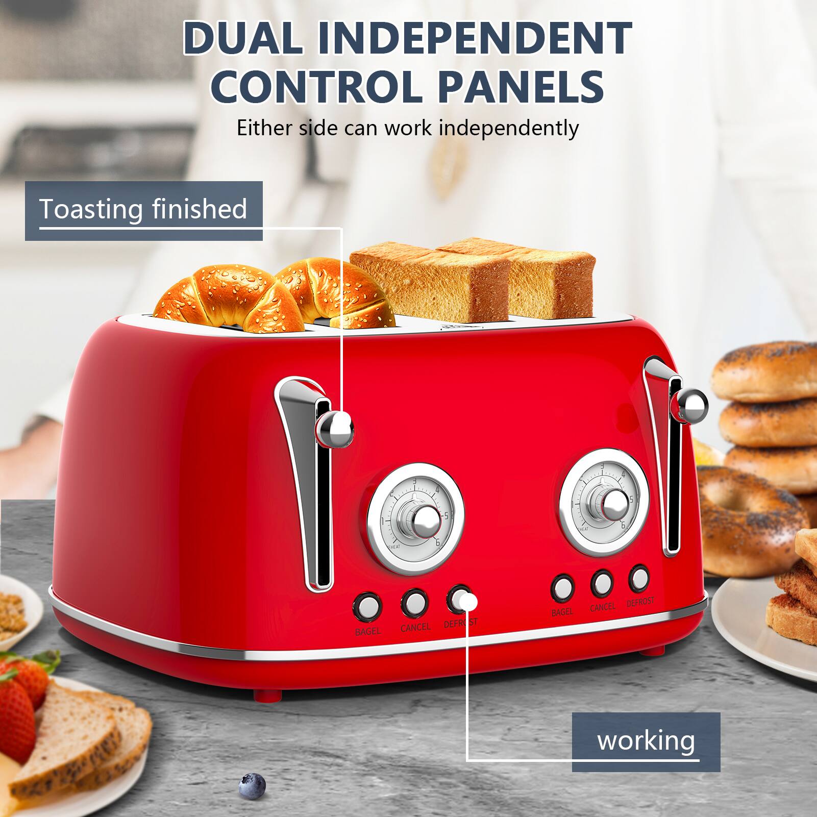 DUAL INDEPENDENT CONTROL PANELS  
Either side can work independently  

Toasting finished  

working