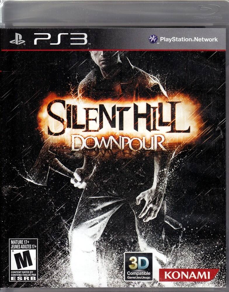 Sure, here is the corrected and grouped text from the image:

---

**PS3**

**PlayStation.Network**

**SILENT HILL DOWNPOUR**

**MATURE 17+ JEUNES ADULTES 17+**

**CONTENT RATED BY ESRB**

**3D Compatible**

**KONAMI**

---

This text is organized as it appears on the cover of the game.