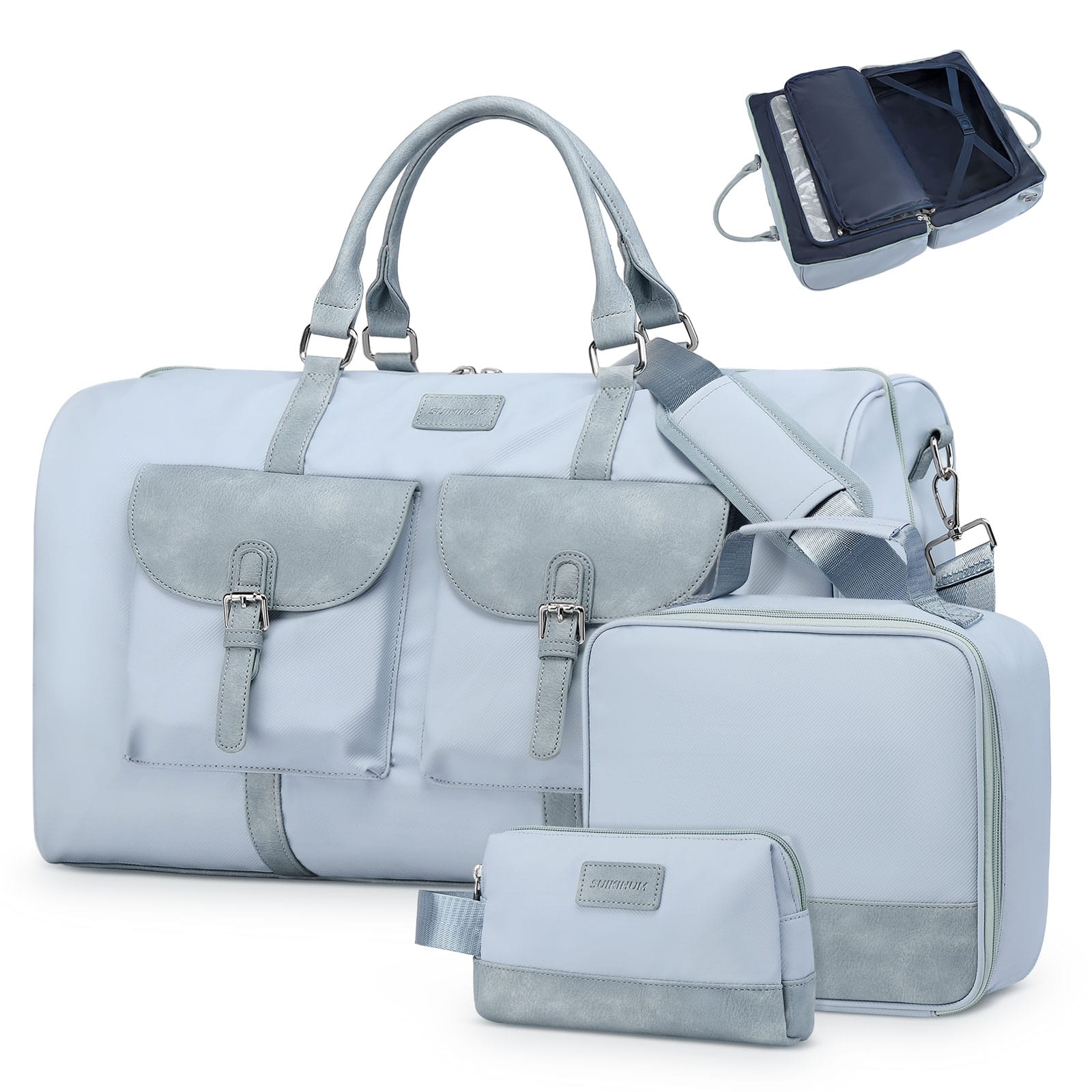 Unique Bargains - 3pcs Lay-Flat Duffel Bag Set Stylish Weekend Travel Set with Laptop Sleeve & Wet/Dry Storage Carry-On & Short Getaways - Blue