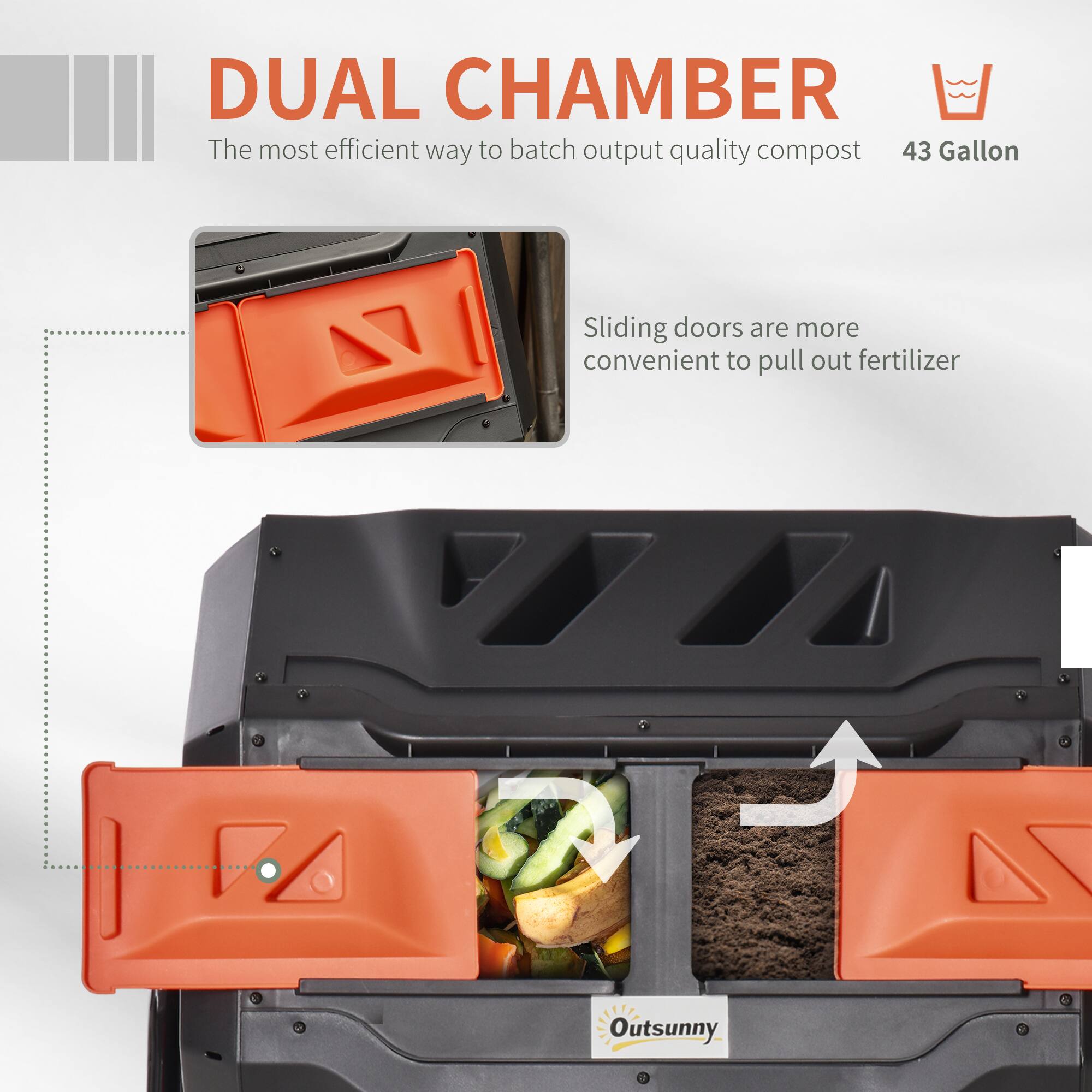 DUAL CHAMBER  
The most efficient way to batch output quality compost  

43 Gallon  

Sliding doors are more convenient to pull out fertilizer  

Outsunny