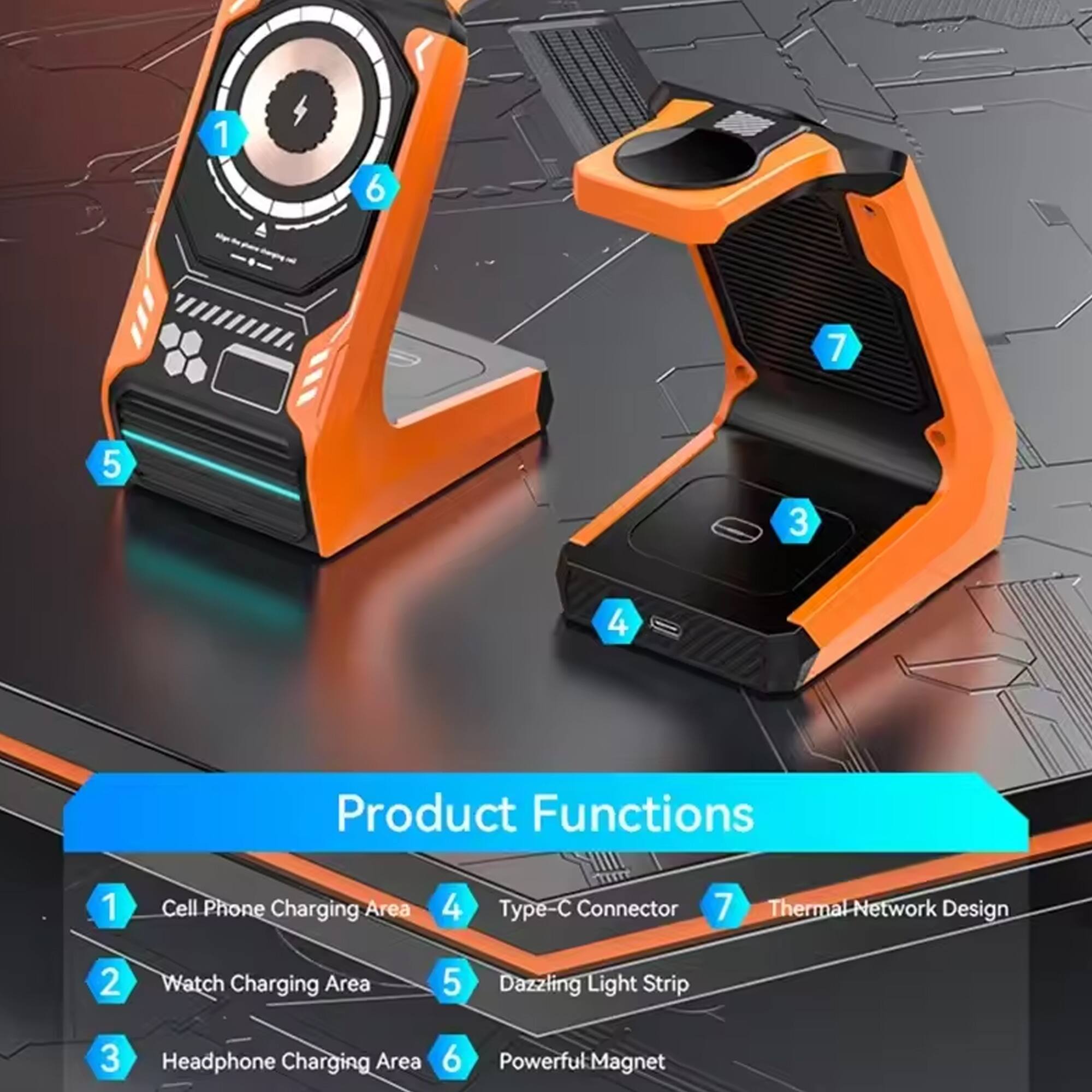1. Cell Phone Charging Area  
2. Watch Charging Area  
3. Headphone Charging Area  
4. Type-C Connector  
5. Dazzling Light Strip  
6. Powerful Magnet  
7. Thermal Network Design