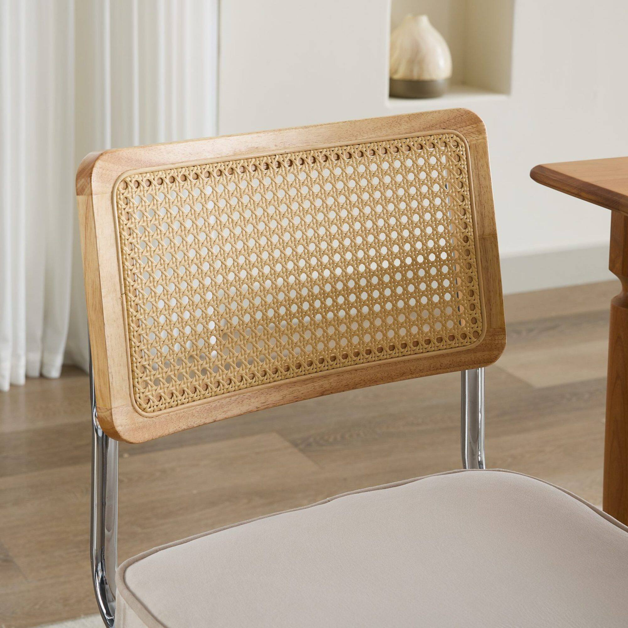 Alt View 4. GOODSILO - Mid Century Modern Dining Chairs Set of Two with Velvet Upholstery and Cane Back - Beige.