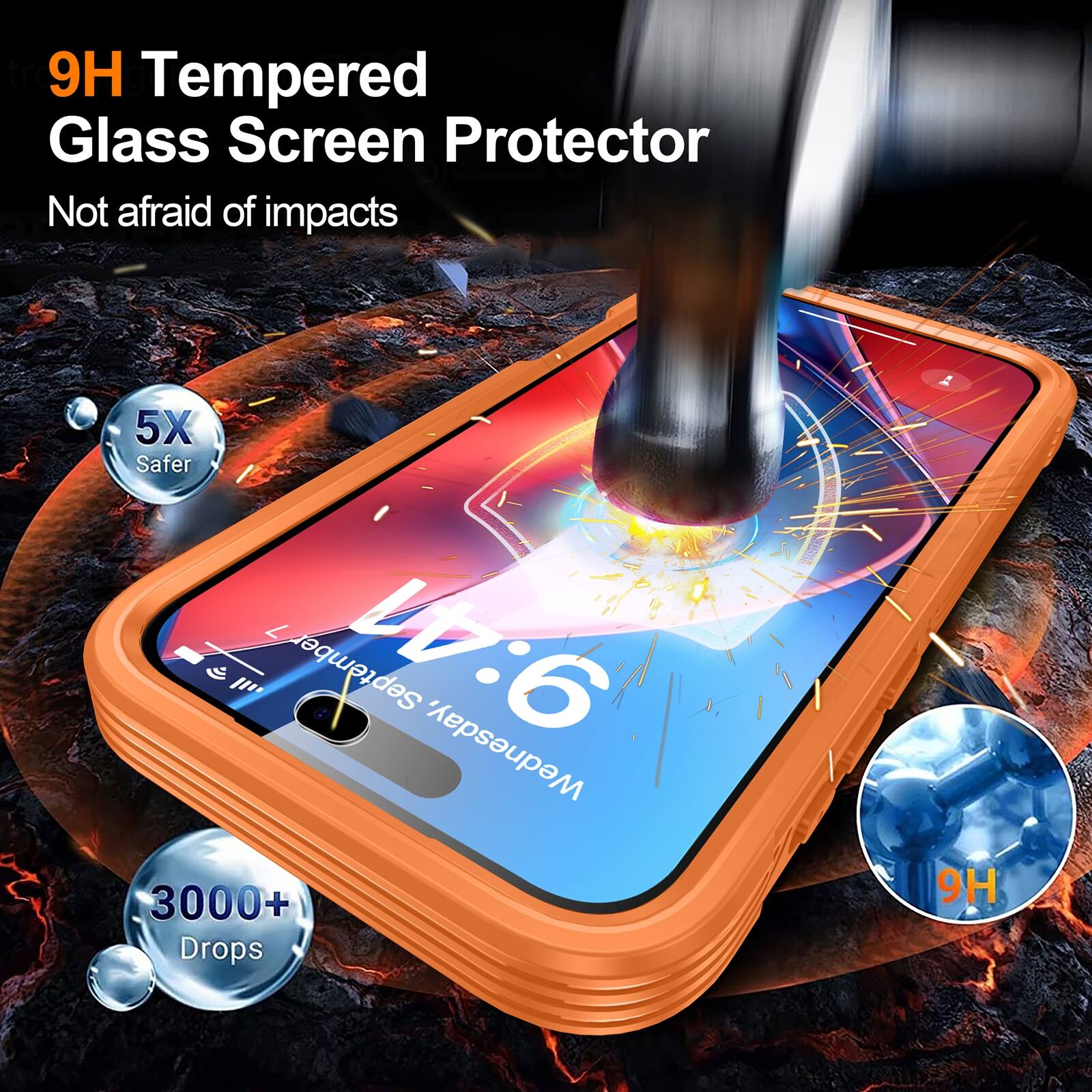 9H Tempered Glass Screen Protector  
Not afraid of impacts  
5X Safer  
3000+ Drops  
9H