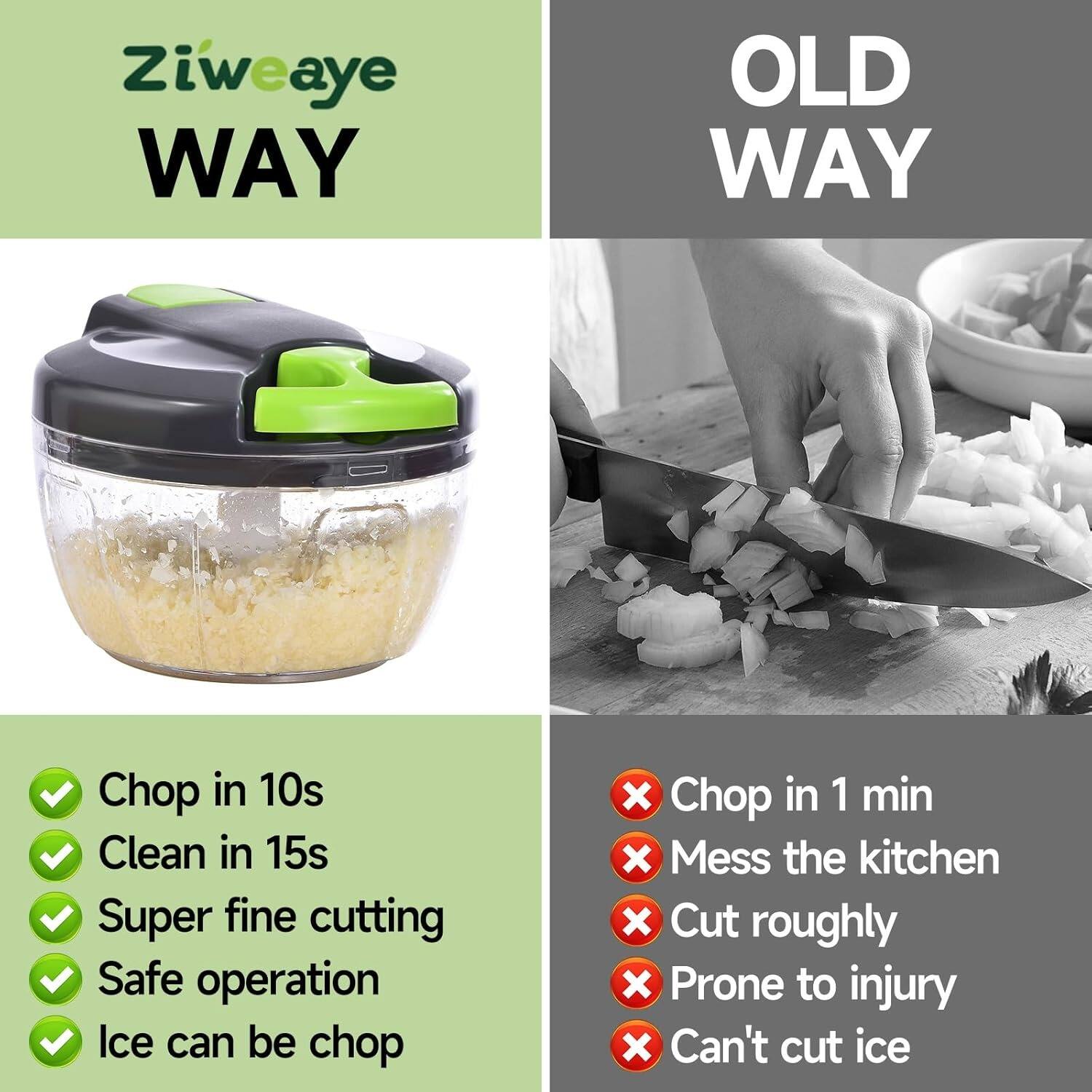 Ziweaye WAY: Chop in 10s, Clean in 15s, Super fine cutting, Safe operation, Ice can be chop

OLD WAY: Chop in 1 min, Mess the kitchen, Cut roughly, Prone to injury, Can't cut ice