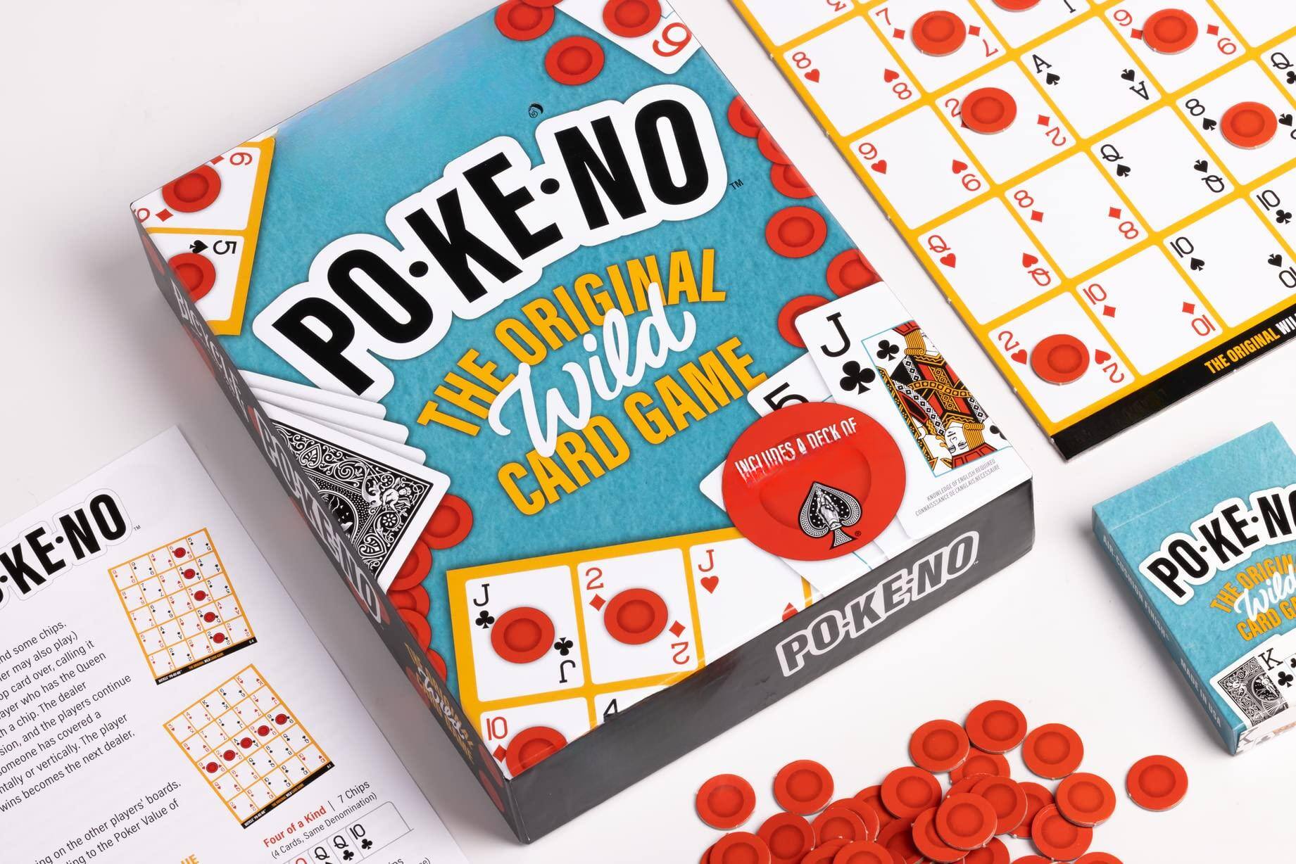 Sure, here is the corrected and grouped text from the image:

---

**PO·KE·NO**  
**THE ORIGINAL WILD CARD GAME**

**INCLUDES A DECK OF CARDS AND SOME CHIPS.**

**PLAYING THE GAME:**

1. **DEALING:**  
   - Deal 5 cards to each player.  
   - Place the remaining cards in a draw pile.

2. **PLAYING:**  
   - The player to the left of the dealer starts.  
   - On their turn, they may call "PO·KE·NO" or "Wild."  
   - If "PO·KE·NO" is called, the dealer places a chip on the card over the Queen.  
   - If "Wild" is called, the dealer places a chip on the card over the Queen, and the player who has the dealer's card continues to play.  
   - The dealer then covers the next player's card with a chip.  
   - The player who has the dealer's card continues to play.  
   - The dealer then covers the next player's card with a chip.  
   - The player who has the dealer's card continues to play.  
   - The dealer then covers the next player's