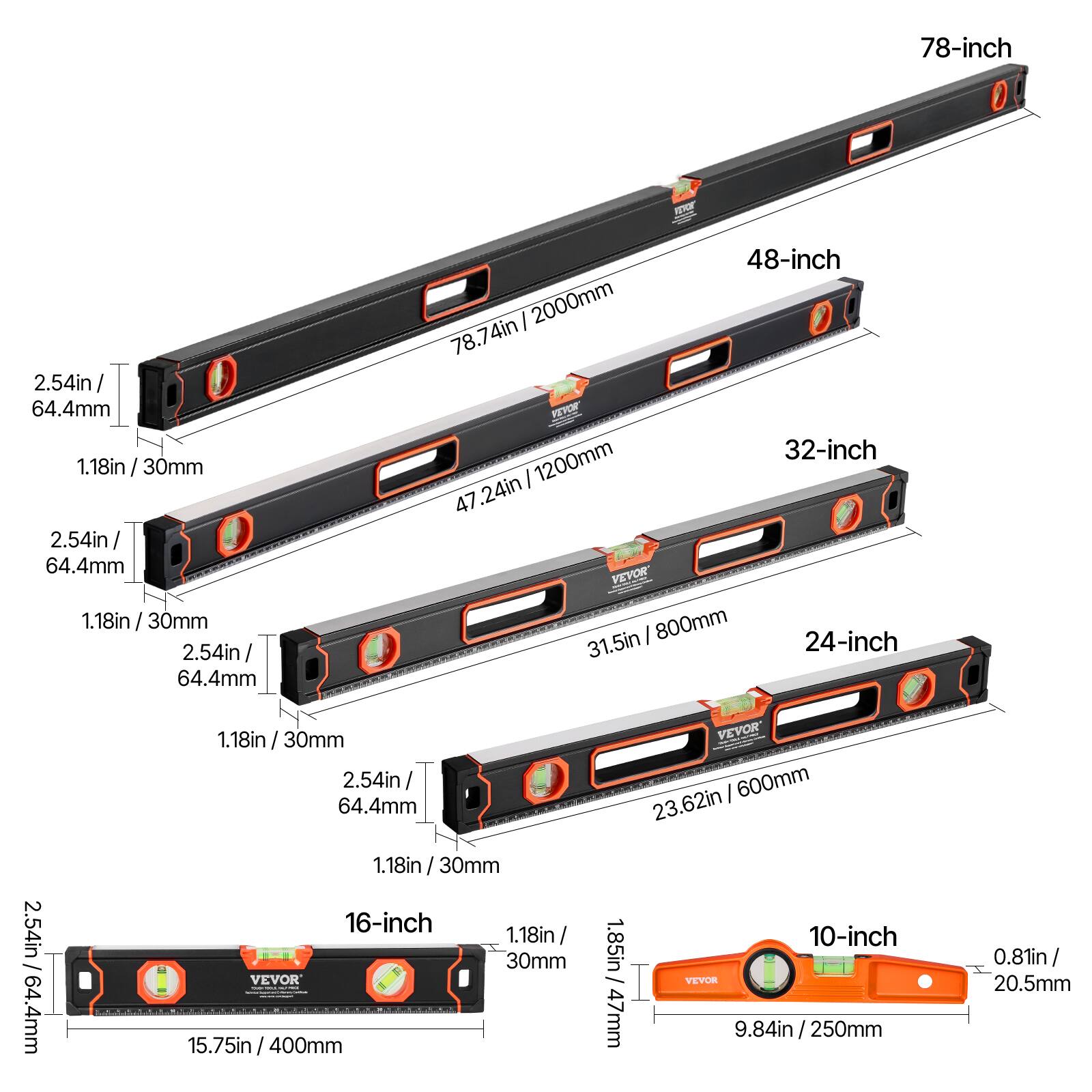 78-inch  
2.54in / 64.4mm  
1.18in / 30mm  

48-inch  
2000mm  
78.74in  

32-inch  
1200mm  
47.24in  

24-inch  
800mm  
31.5in  

16-inch  
400mm  
15.75in  

10-inch  
250mm  
9.84in  

2.54in / 64.4mm  
1.18in / 30mm  

1.85in / 47mm  
0.81in / 20.5mm