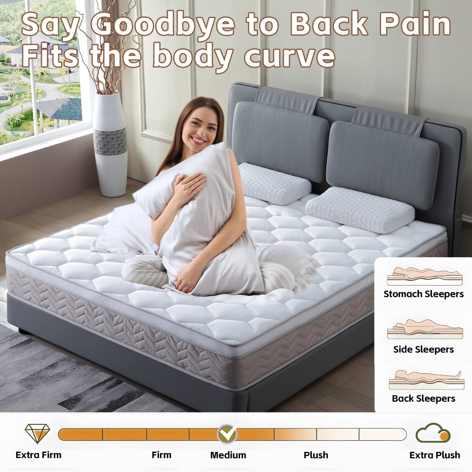 Say Goodbye to Back Pain  
Fits the body curve  

Stomach Sleepers  
Side Sleepers  
Back Sleepers  

Extra Firm  
Firm  
Medium  
Plush  
Extra Plush
