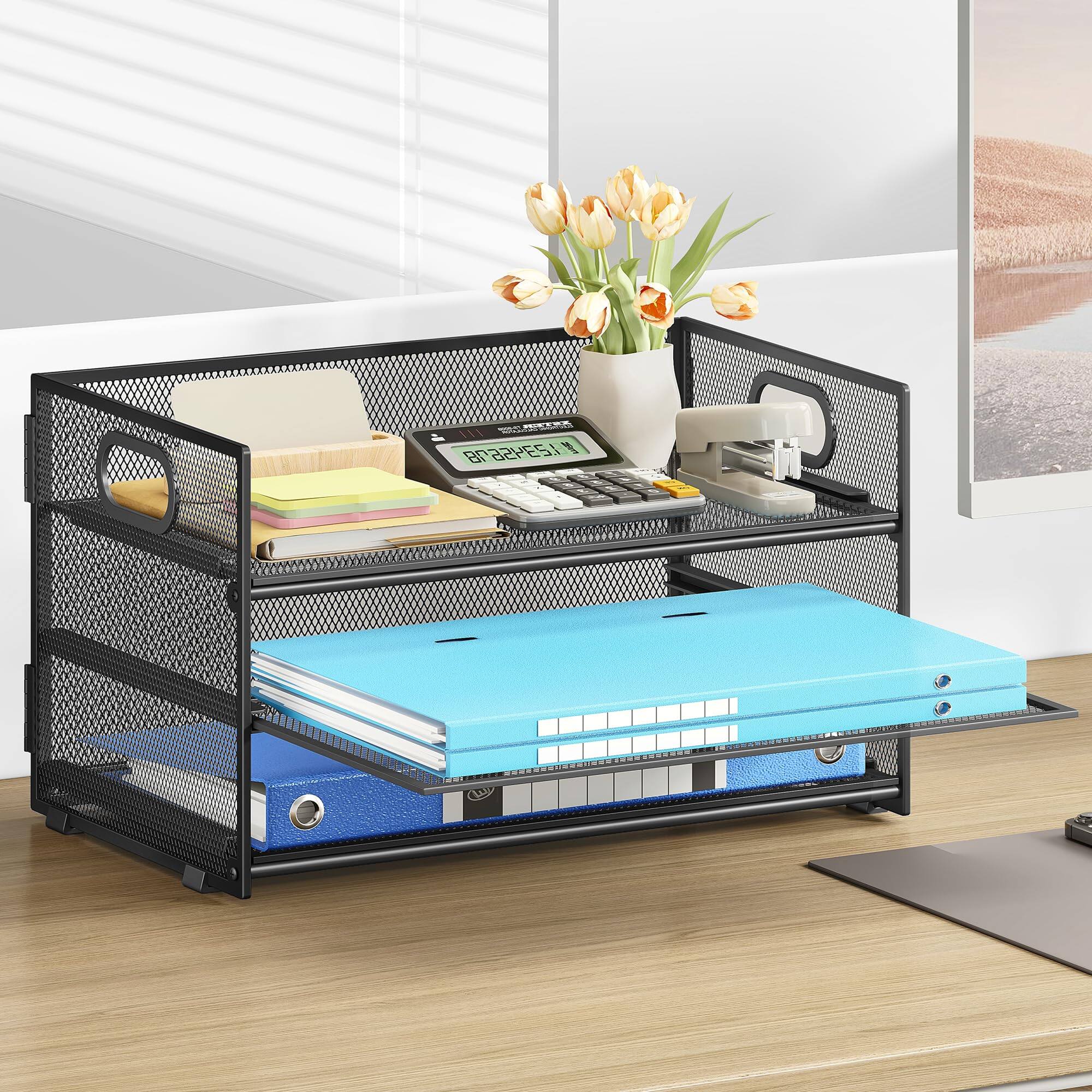 Alt View 3. Dapper Styles - 3 Tier Paper Letter Tray Organizer For Desk Metal Mesh File Folder Sorter With Handle And Sliding Home Offi... - Gray-13" x 9" x 8".