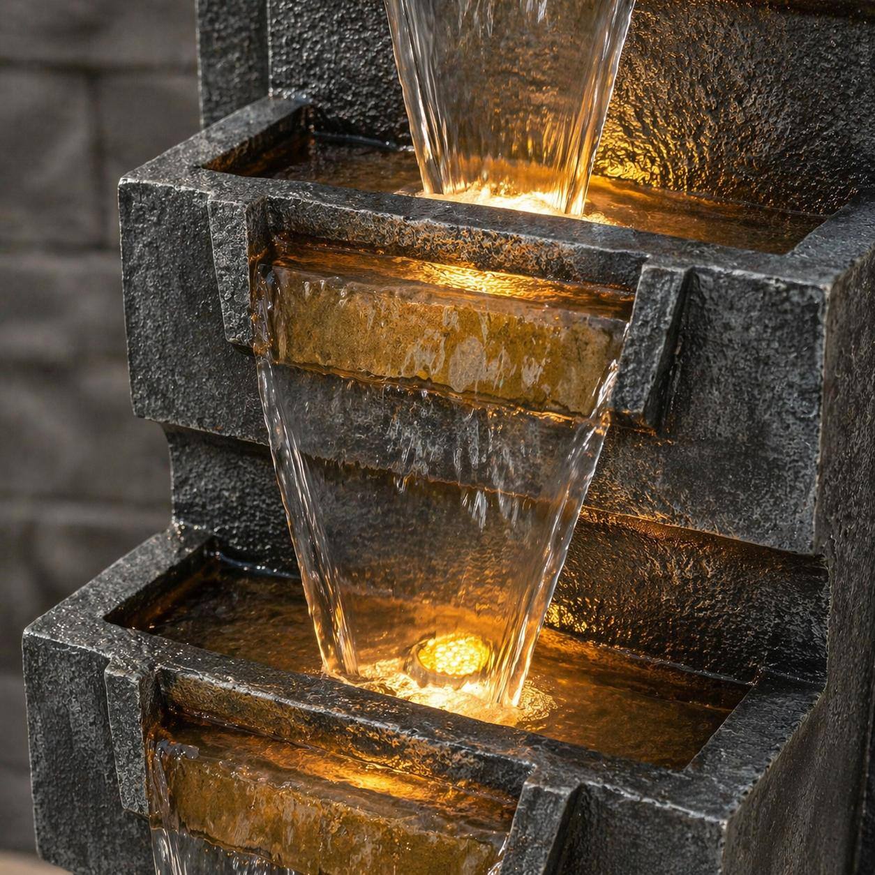 Alt View 4. RYHNUYNE - 39.4" Tall 4-Tier Outdoor Cascading Water Fountain with Warm LED Lights – Stone-Look Resin Water Feature with Quiet Pump.