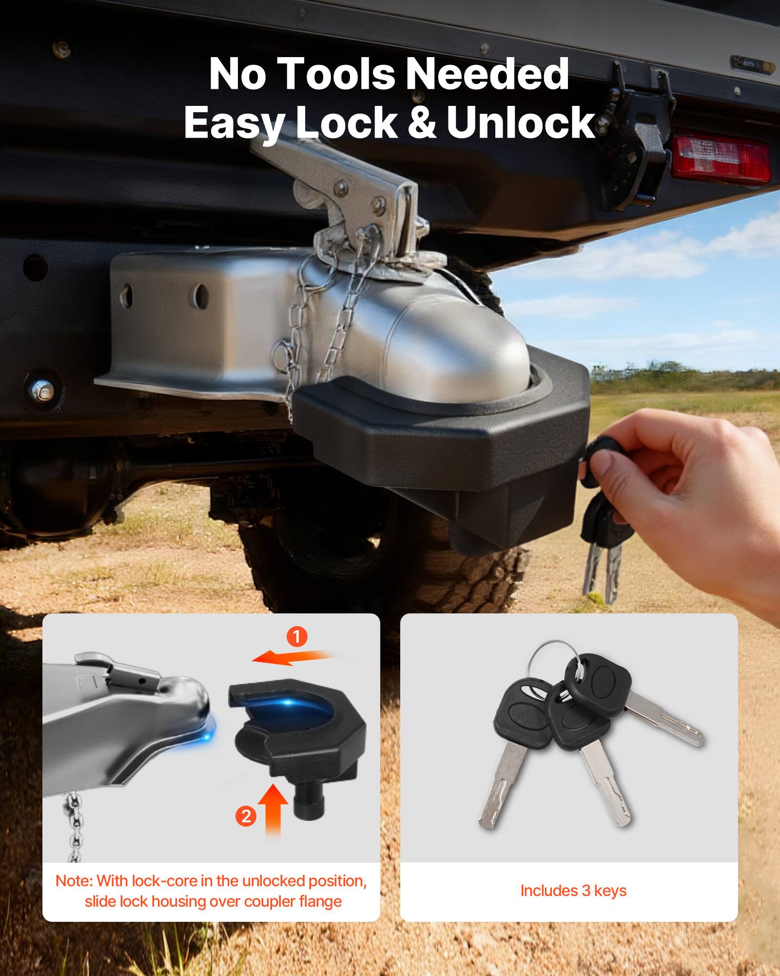 No Tools Needed Easy Lock & Unlock

1. Note: With lock-core in the unlocked position, slide lock housing over coupler flange
2. Includes 3 keys