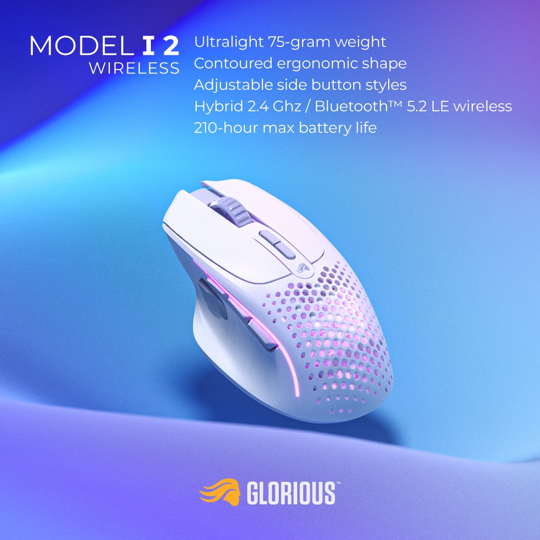 The text on the image reads:
"Model I 2 Wireless: 75-gram weight, Contoured ergonomic shape, Adjustable side button styles, Hybrid 2.4 Ghz / Bluetooth 5.2 LE wireless, 210-hour max battery life."